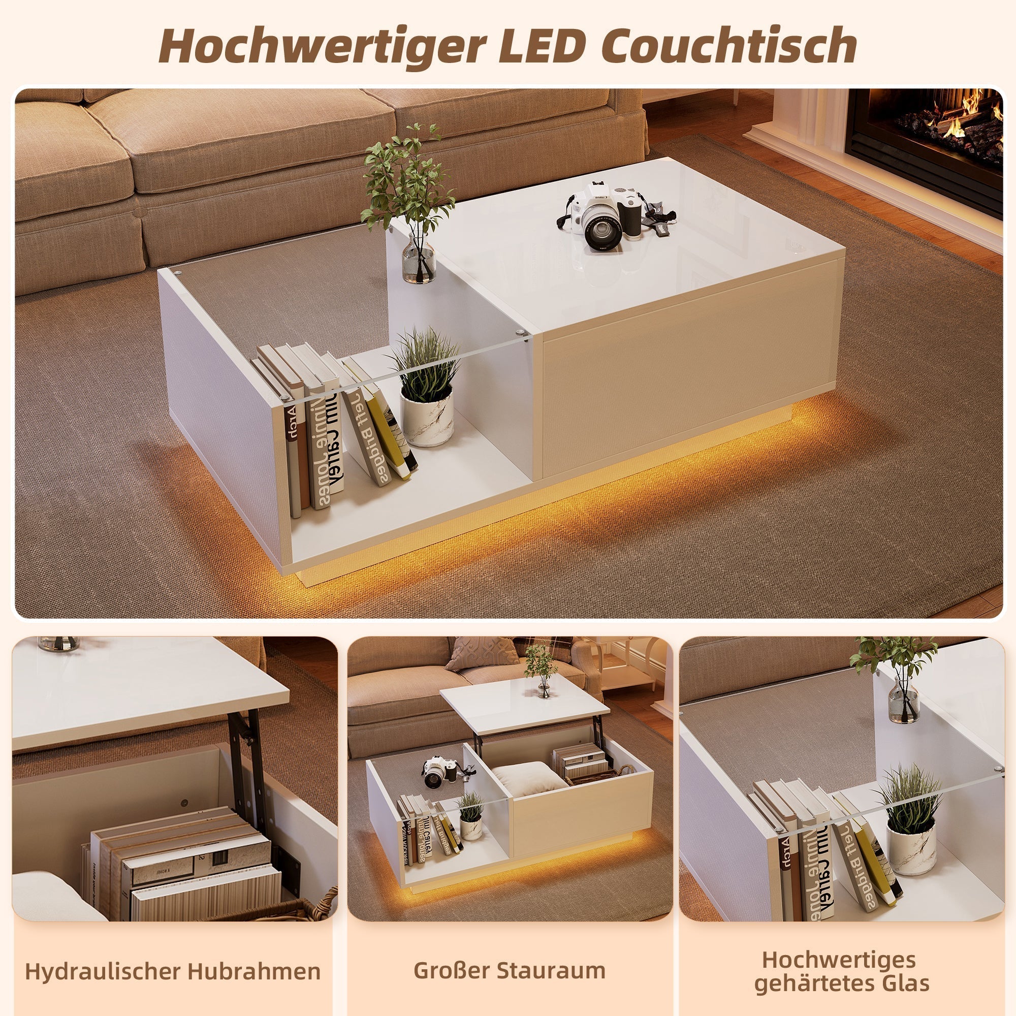LED Coffee Table, High-Gloss Height-Adjustable Hidden Storage 50x100 cm