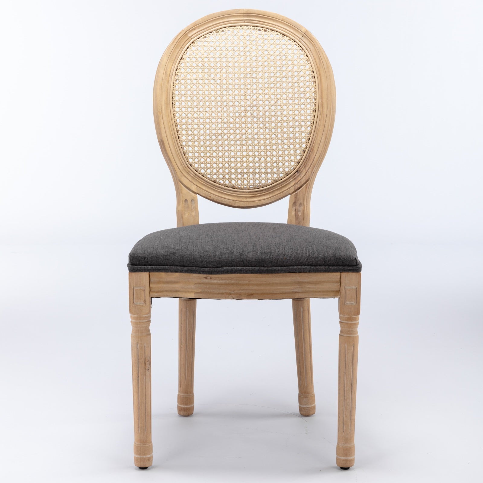 French Style Dining Chair Set of 2 Rattan Back Solid Wood - Gray Linen