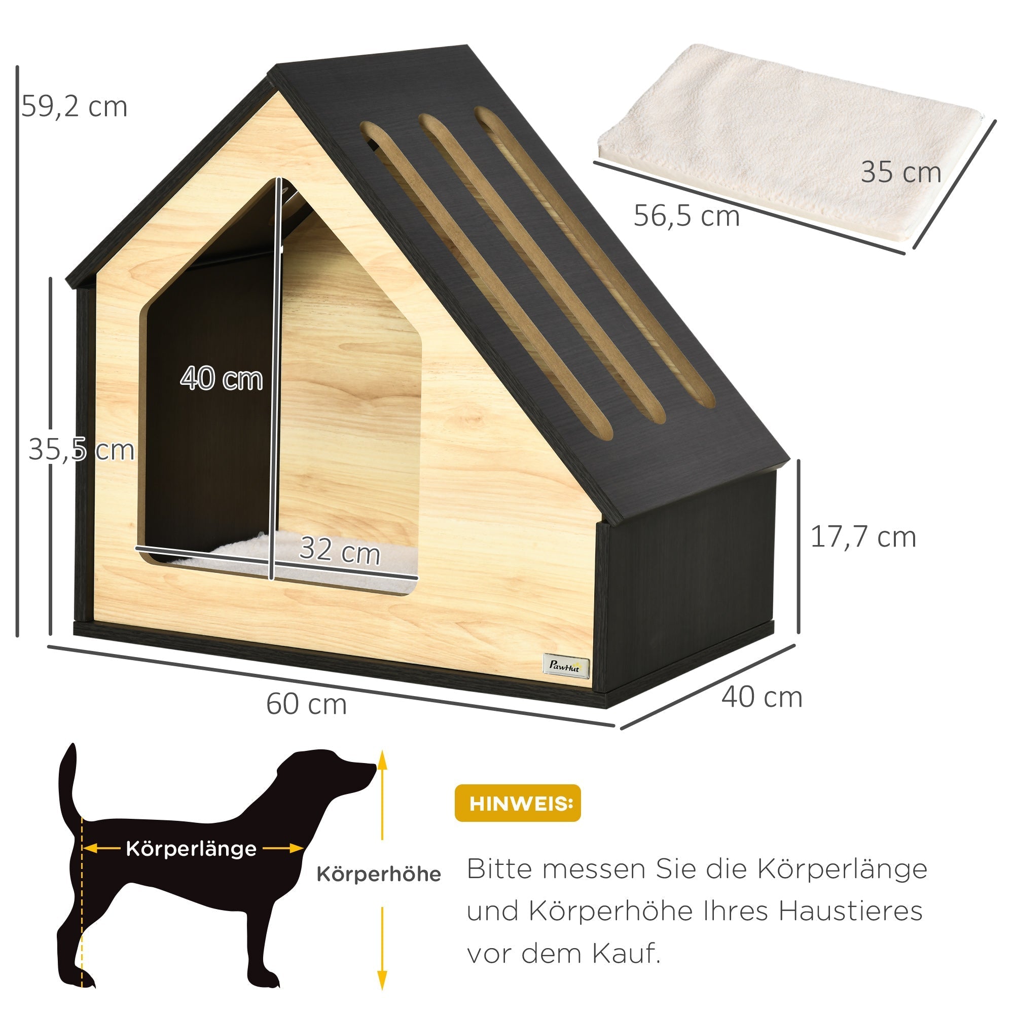 Hundehütte aus Holz, Katzenhöhle, Hundeschlafplatz, Kuschelkissen, 60 x 40 x 59,2 cm, Holz