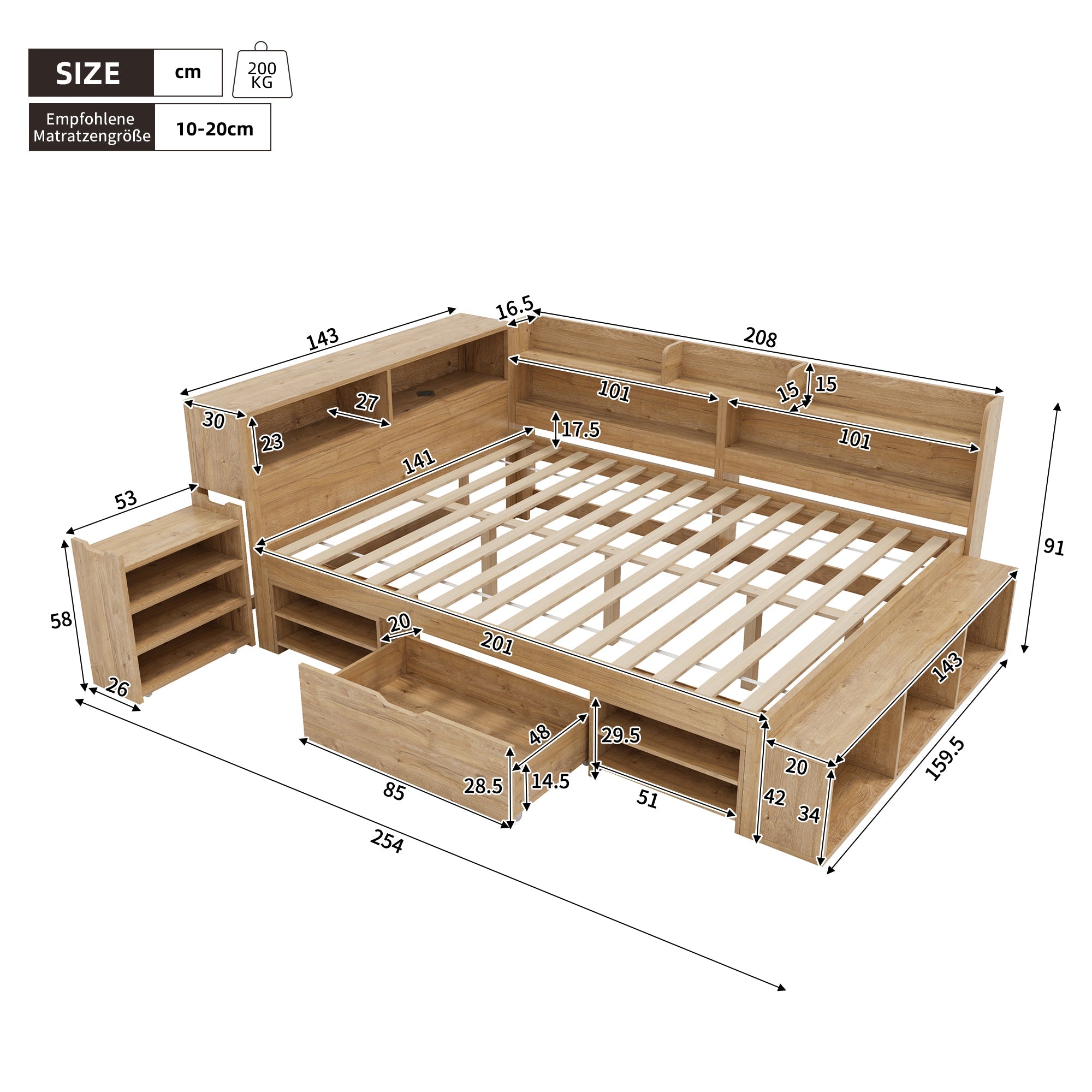 Children's Storage Bed 140x200cm Multifunctional Wireless Charging Drawers & Shelves - Natural