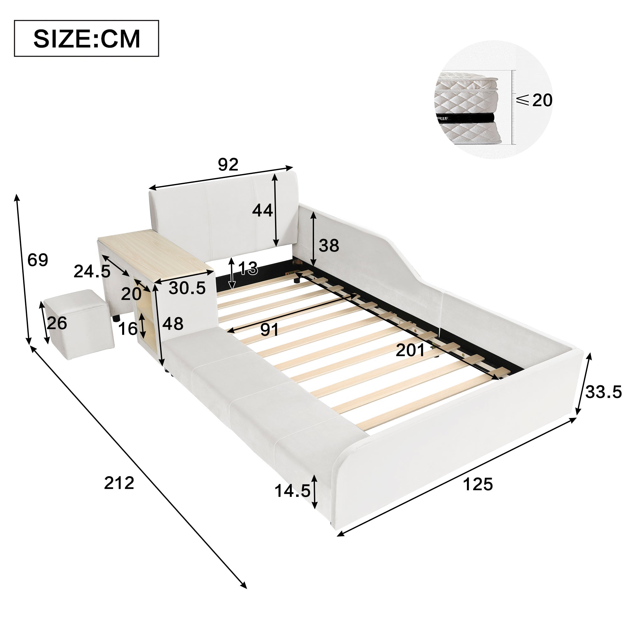 Upholstered Single Bed with Desk, Stool and Storage, 90x200cm, White Velvet