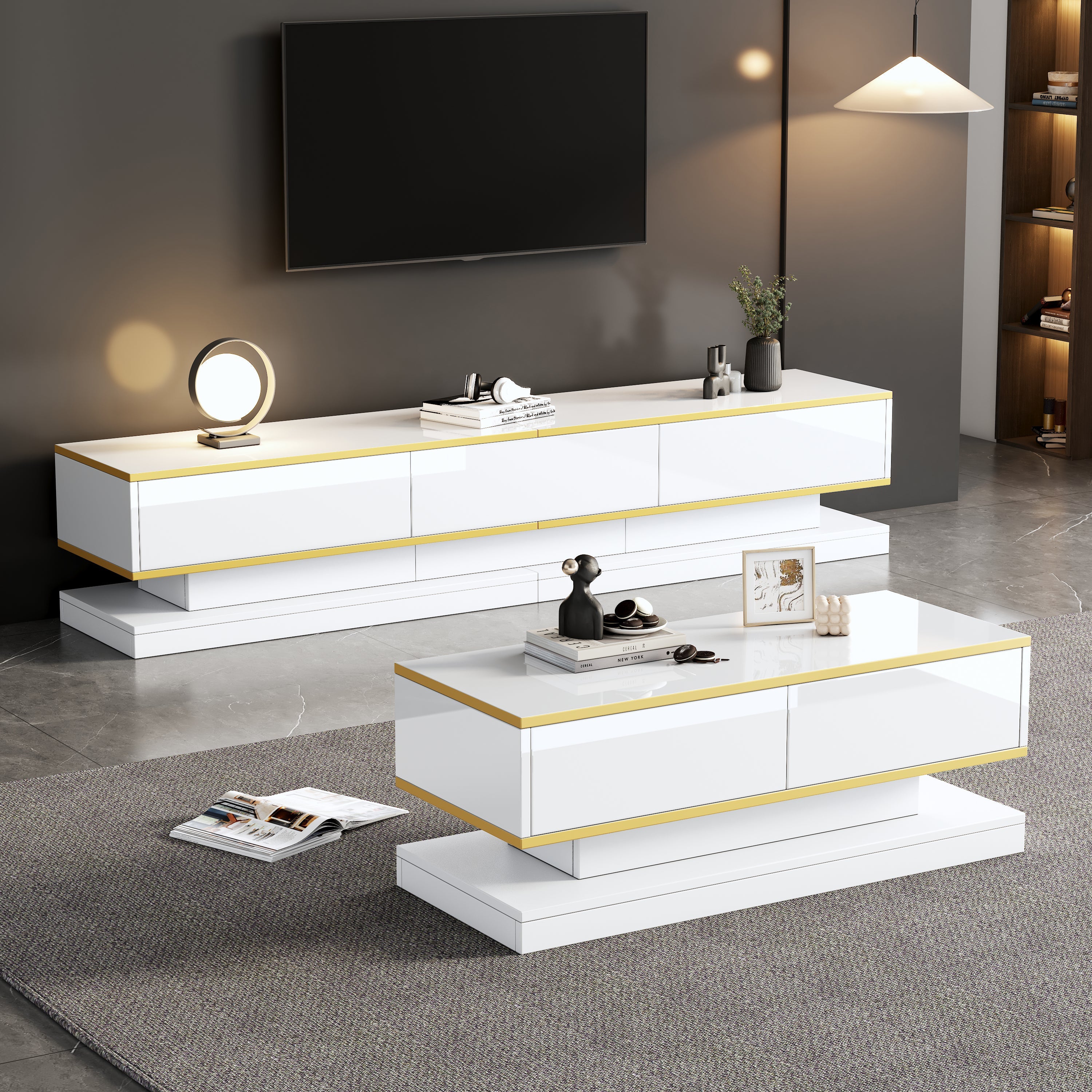 TV Stand & Coffee Table Set with 3-Drawer TV Console & 2-Drawer Coffee Table, White High Gloss & Gold