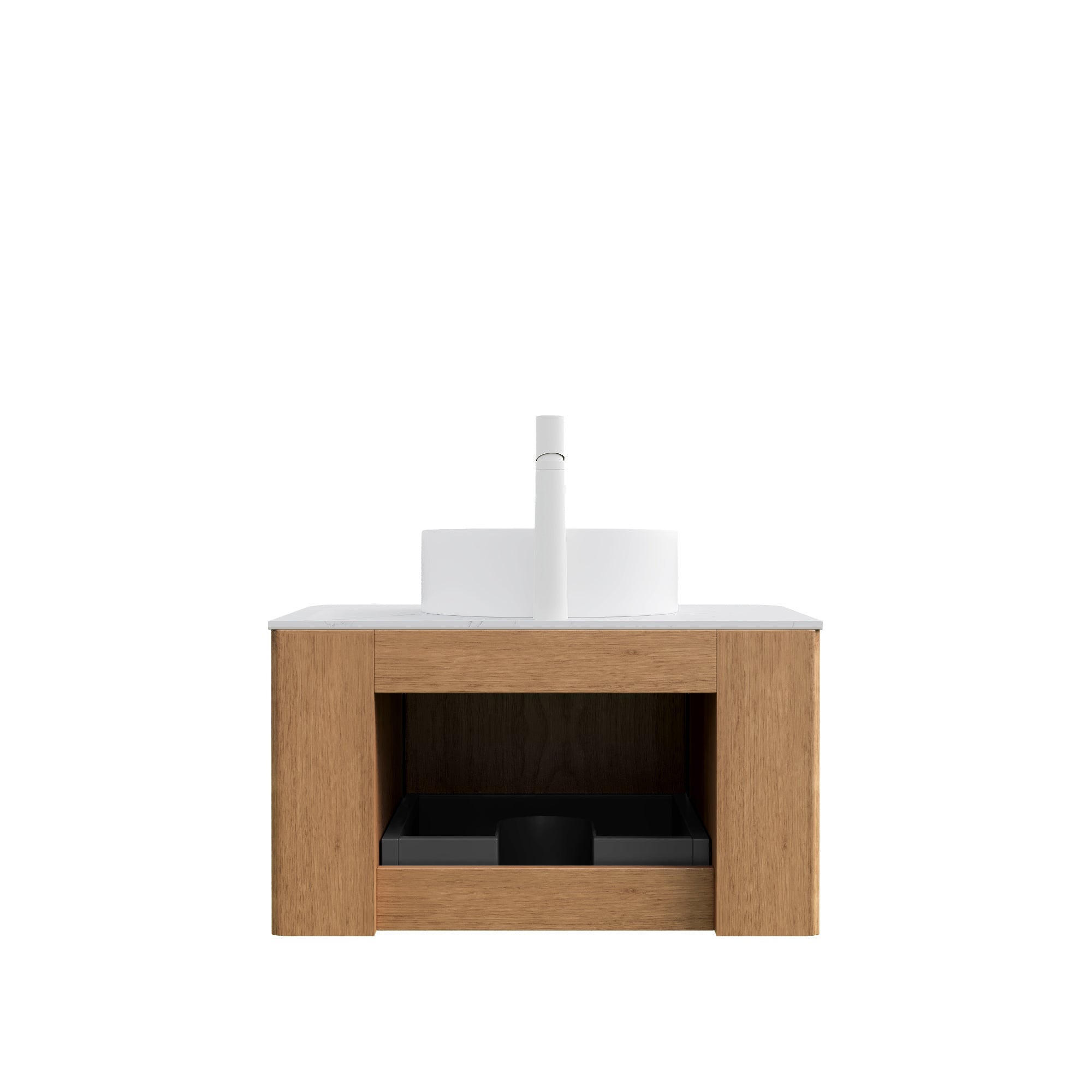 Wall-Hung Bathroom Vanity 61cm Ceramic Sink Carrara Countertop Drawer - Natural Wood Grain
