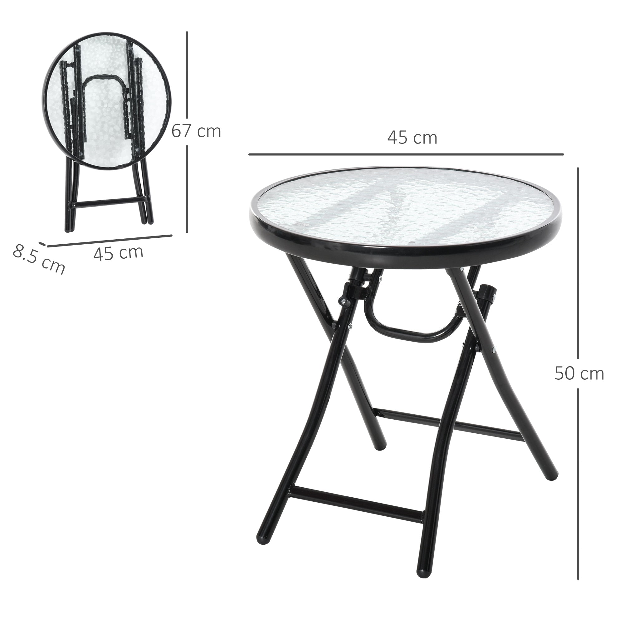 Round Side Table Folding Garden Table Glass Top Ø45cm Metal, Black