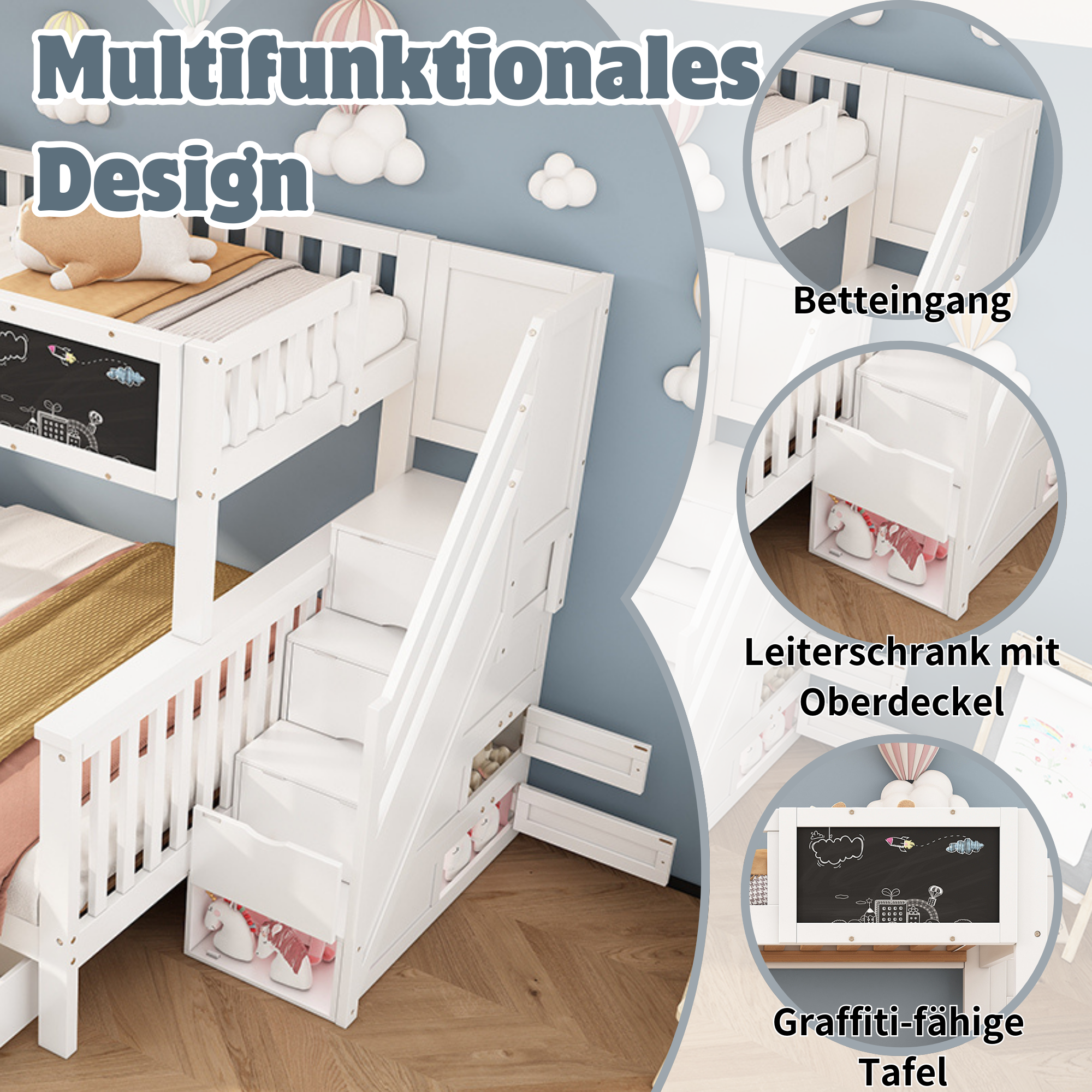 Children's Bunk Bed with Chalkboard and Drawers, 90x200 & 140x200cm, White