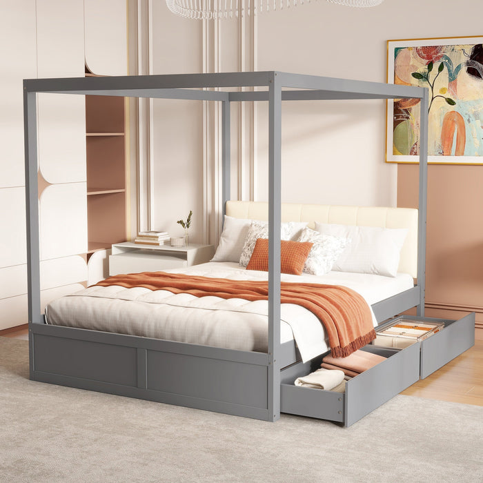 Canopy Bed 140x200cm Large Drawers Soft Headboard, Wooden Grey