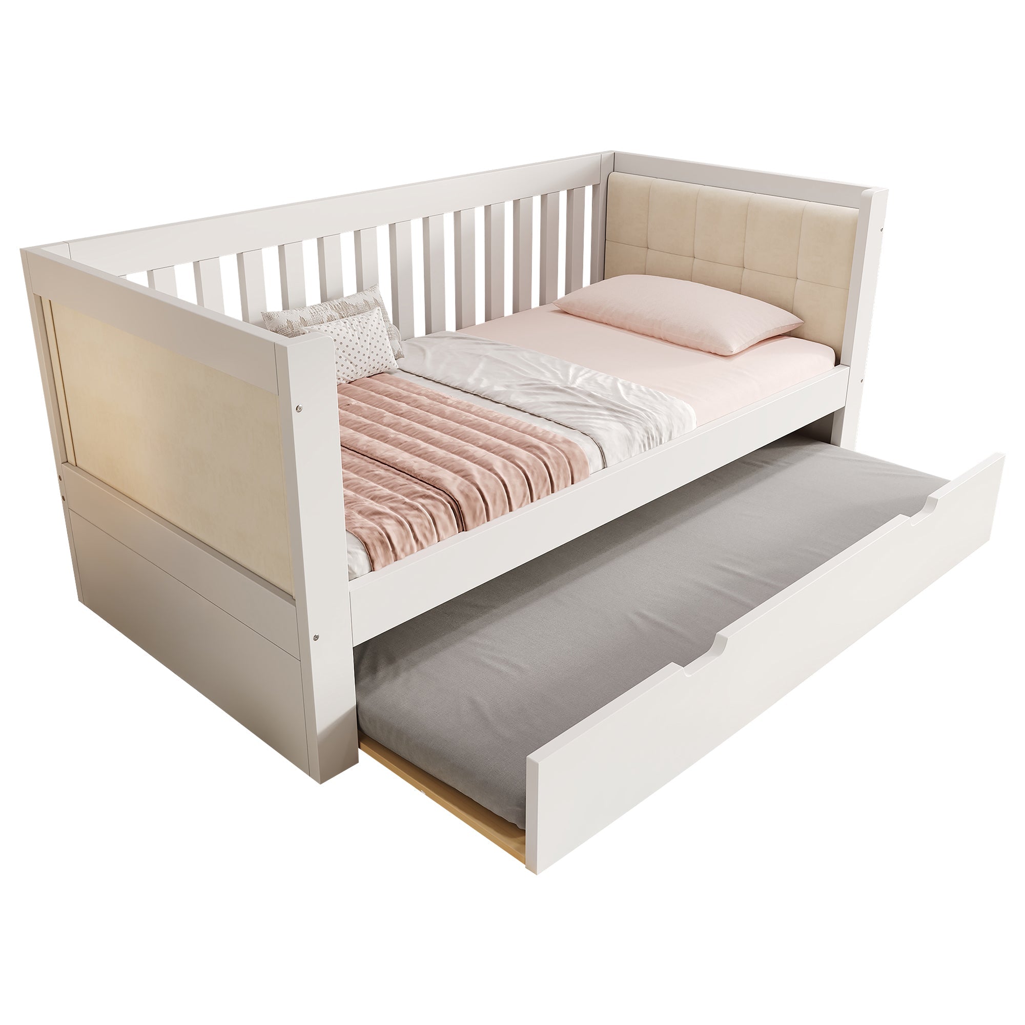 Daybed with Pull-out Bed, 90x190cm Space-Saving Design with Slatted Base, White Wood
