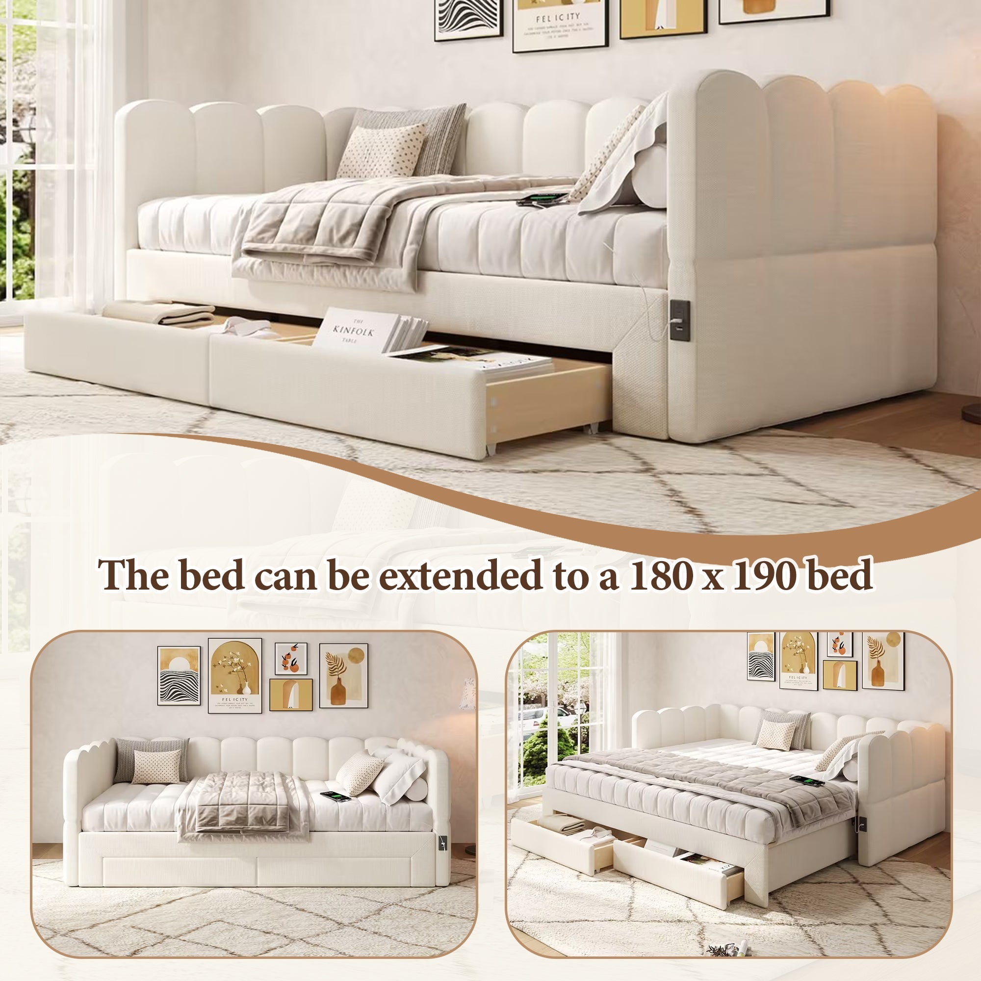 Upholstered Daybed with 2 Storage Drawers and USB Port, Beige Linen