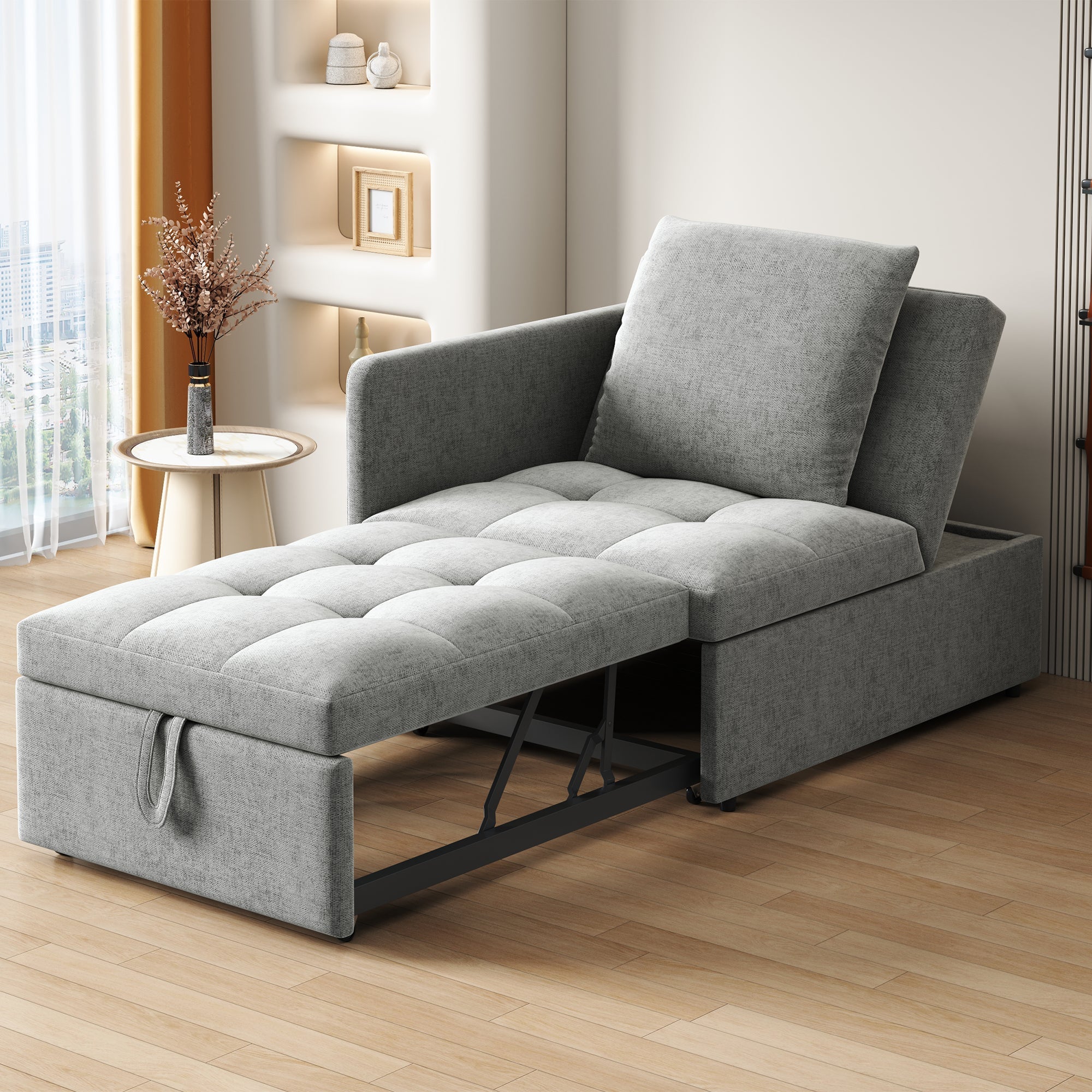 Upholstered Sofa Bed 3-in-1 Multifunctional Adjustable Backrest, Linen Fabric