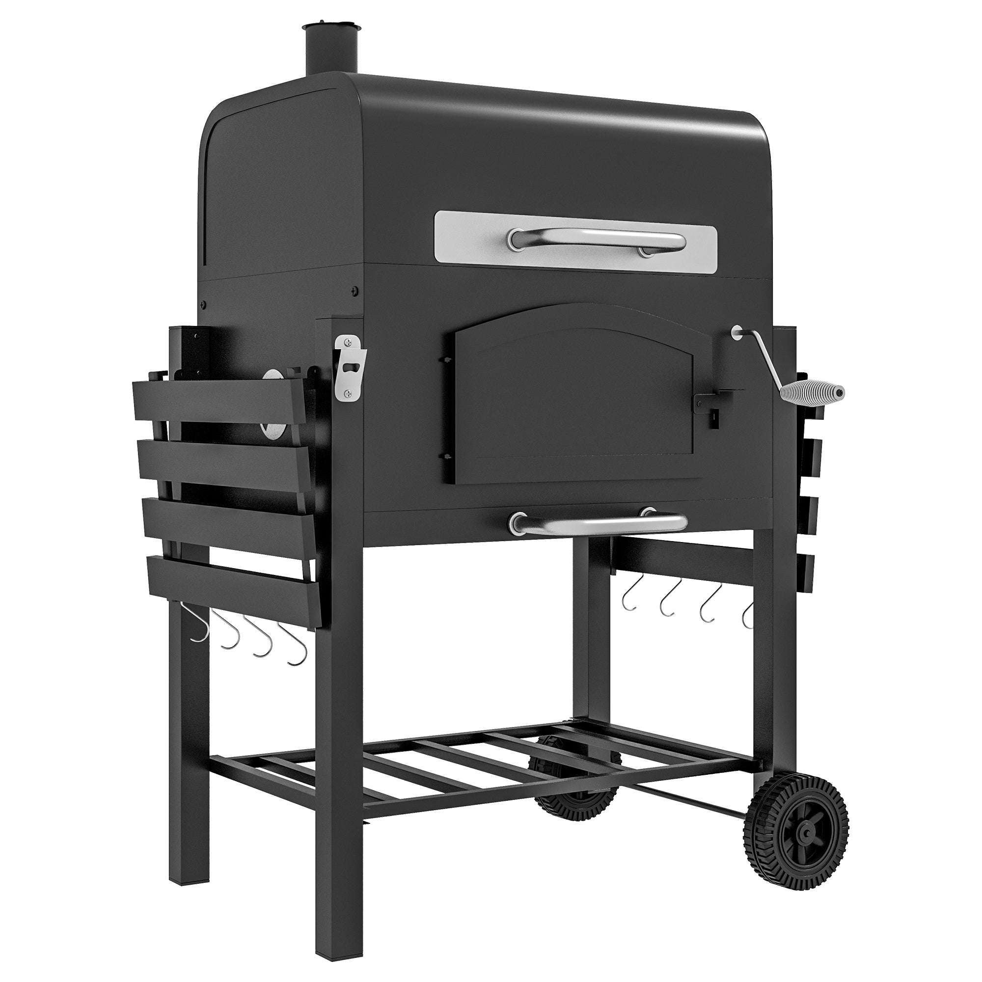 Charcoal Barbecue Grill Smoker, Adjustable Height with Shelves, Black