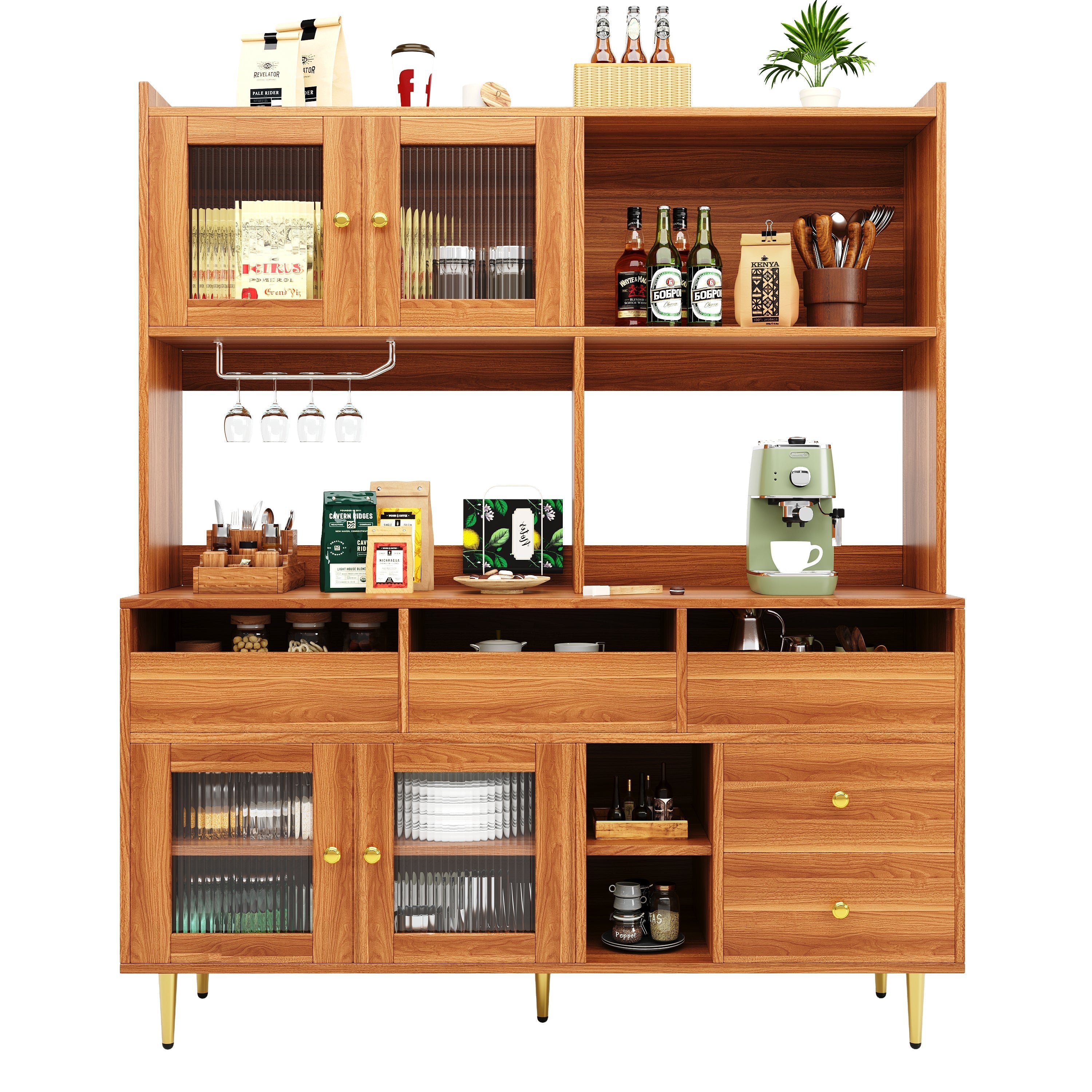 Restaurant Tall Cabinet, Changhong Glass Door Wine Rack Storage, Wooden/Gold