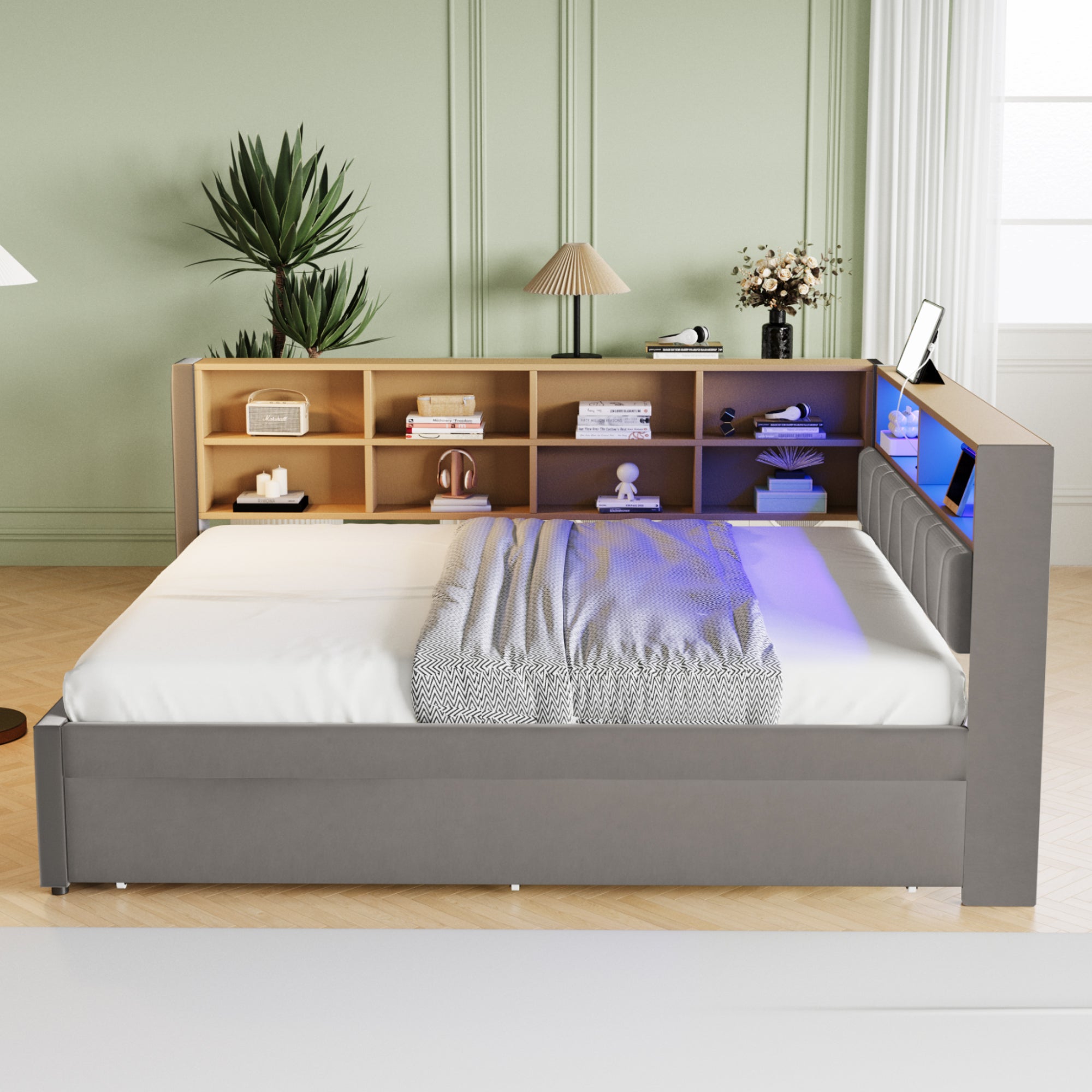 Sofa Bed 140x200 Pull-out LED Storage, Flannel Dark Gray