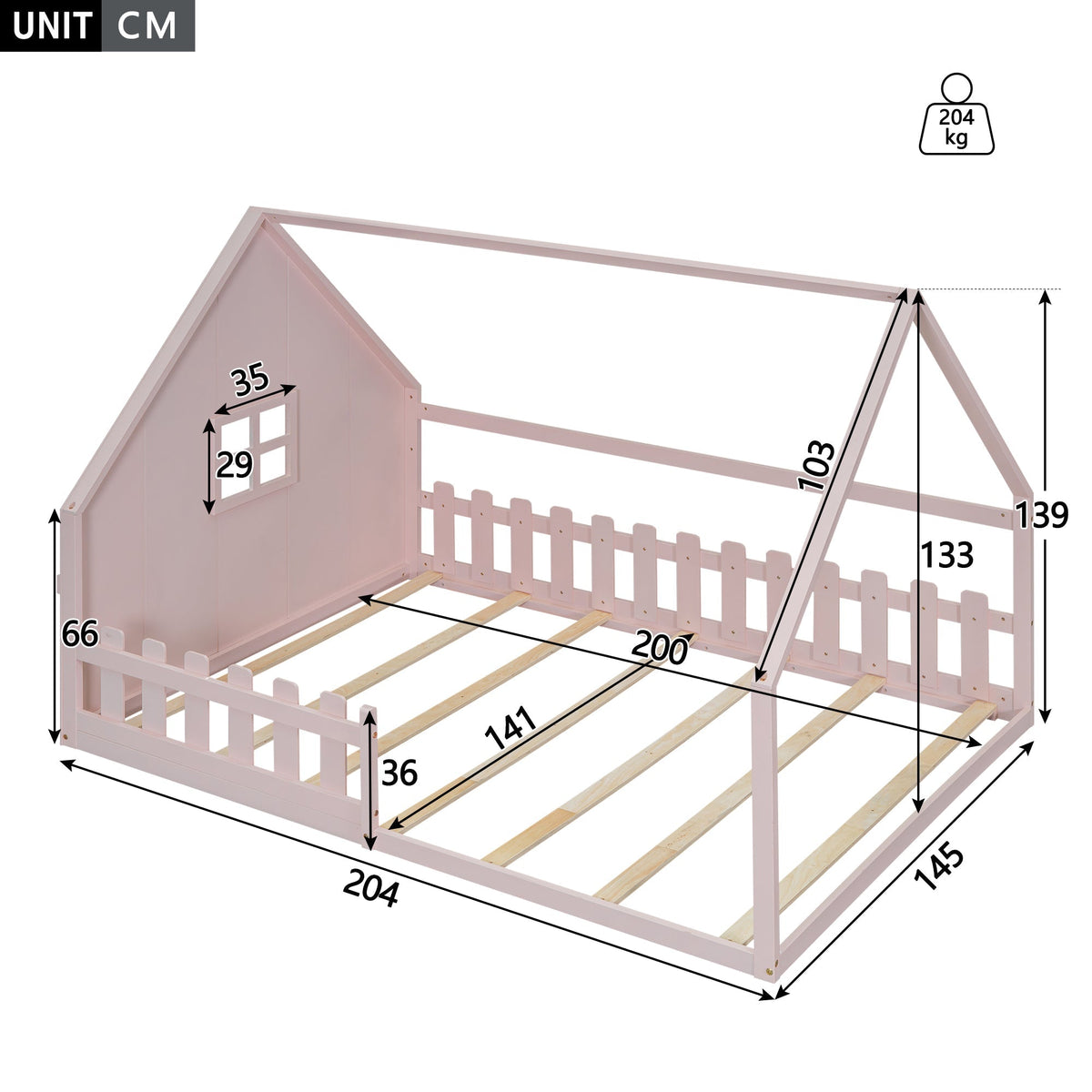 Flatbed Children's Bed 140x200cm House Rail - Pine Wood Pink