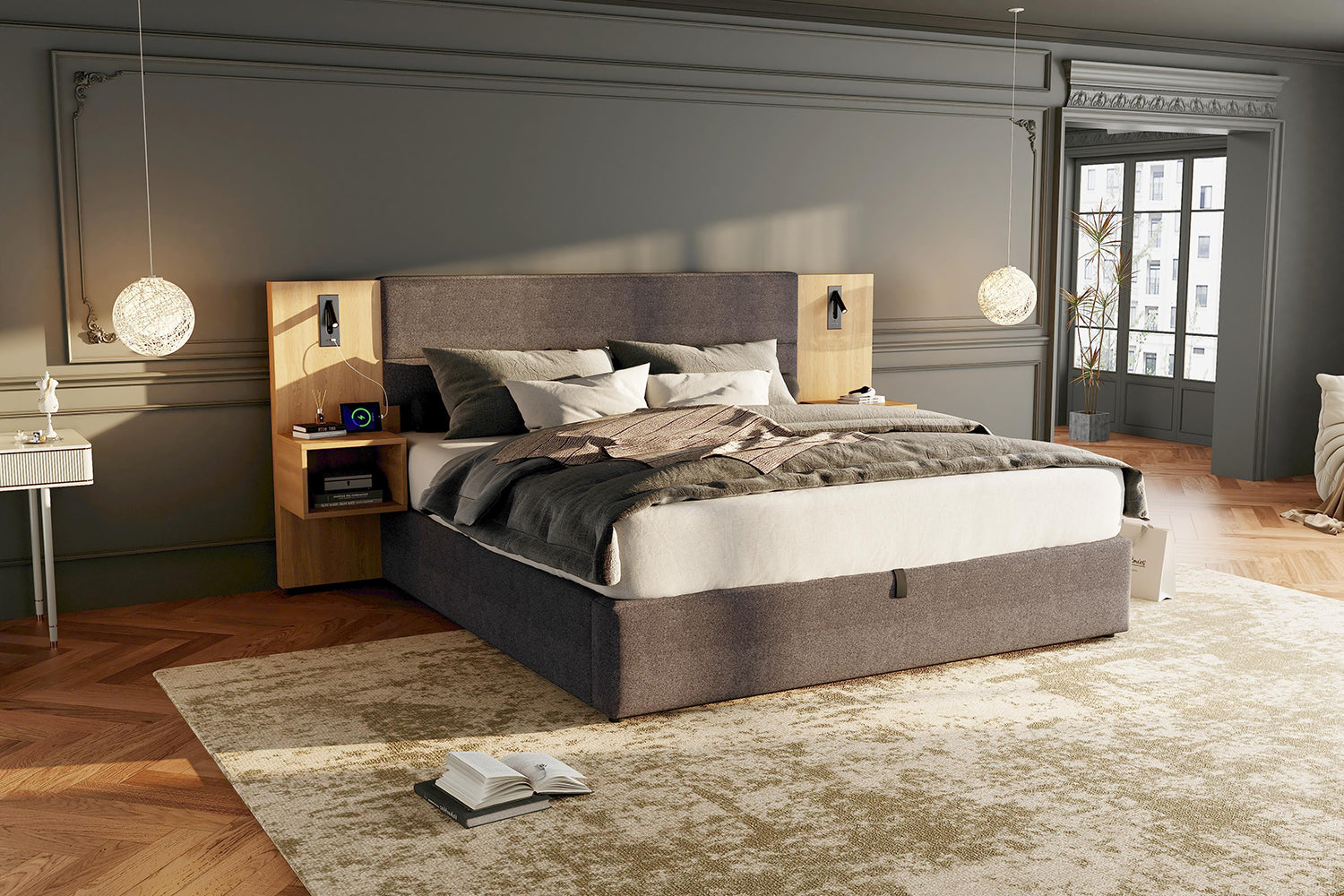 Upholstered Bed 180x200cm Hydraulic Storage USB LED 2 Bedside Tables - Velvet Grey/Natural