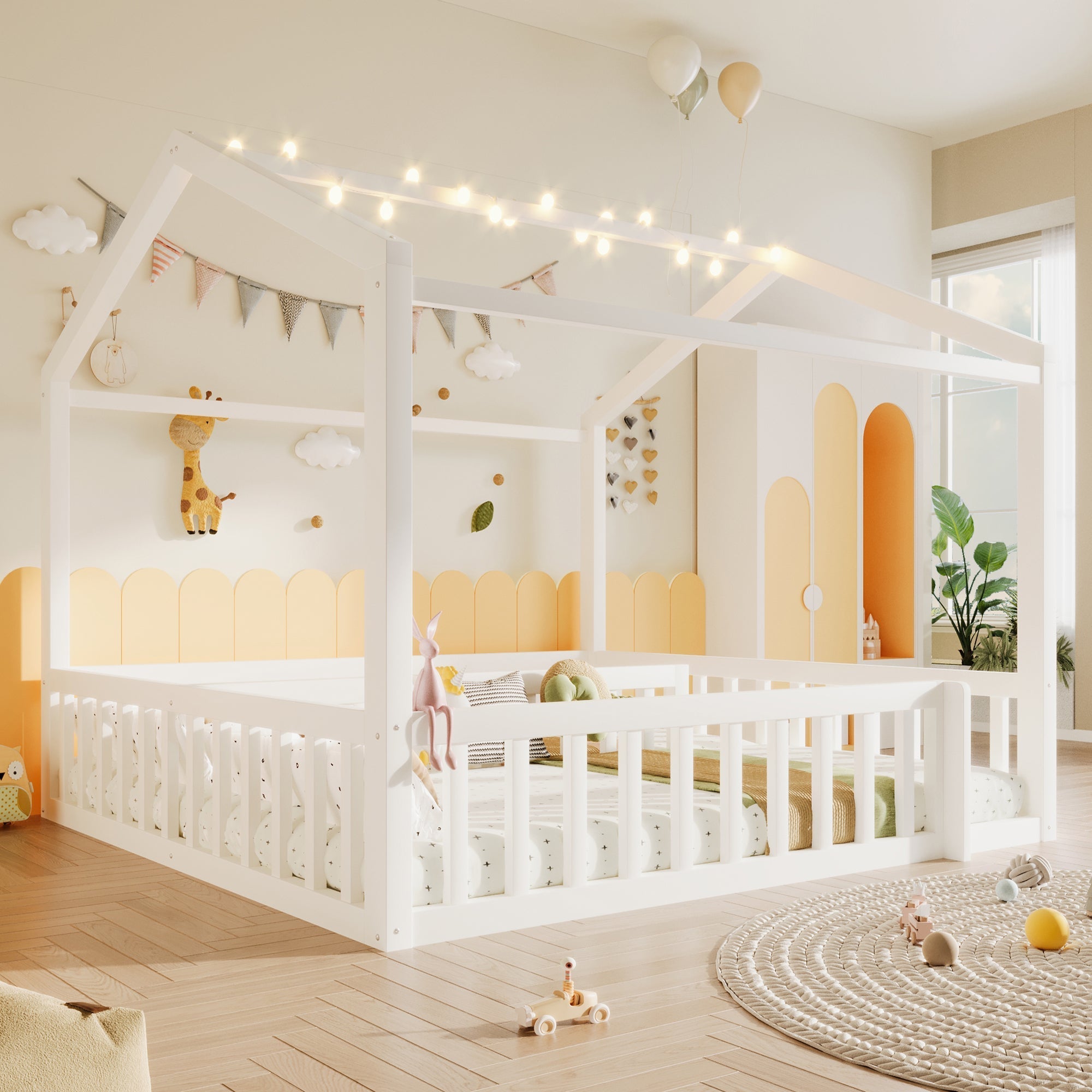 Flatbed Convertible Children's Bed 90x190cm to 180x190cm House Rail LED Lights Pine Wood White