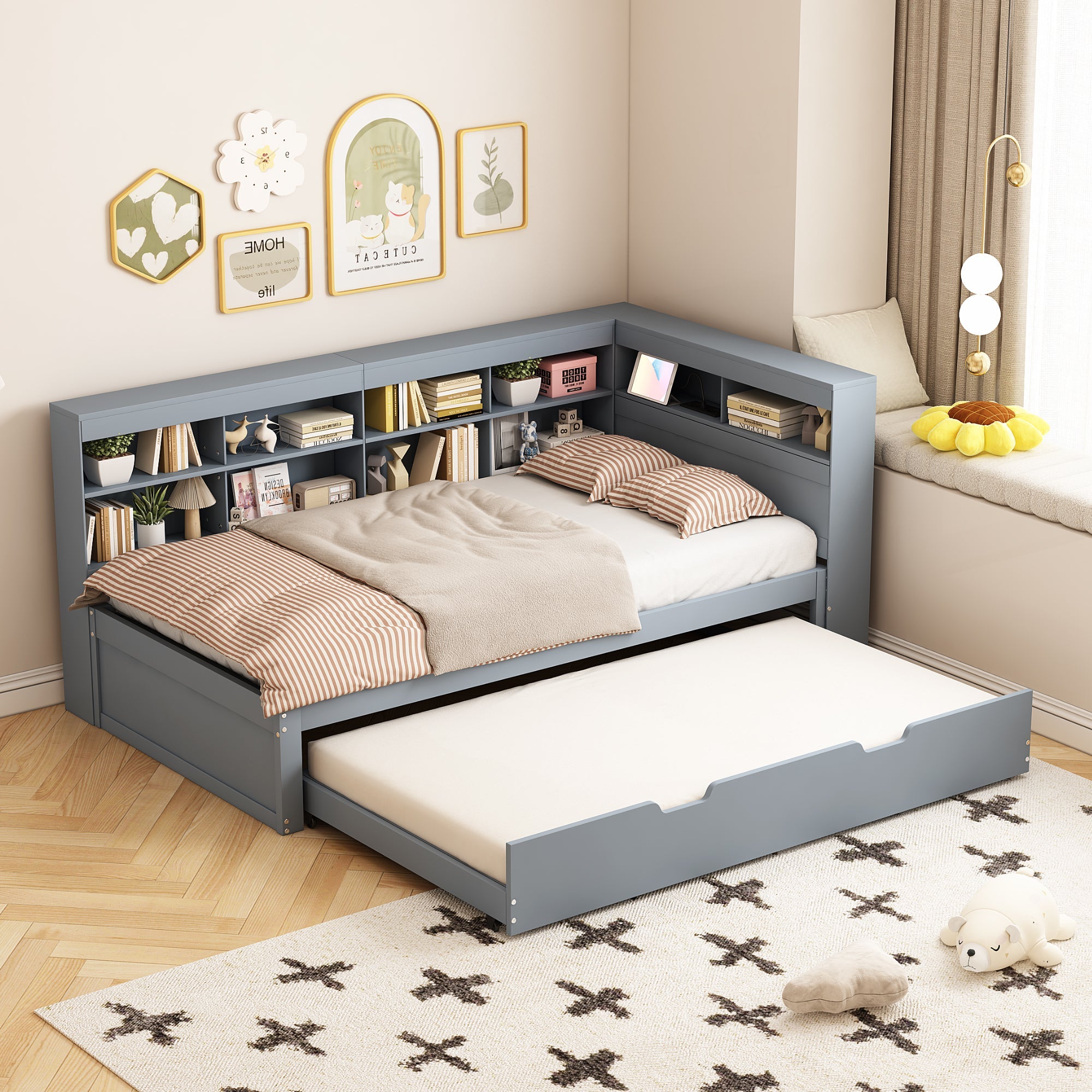 Multifunctional Sofa Bed with Extendable Bed, USB Socket and Storage, Grey Solid Wood