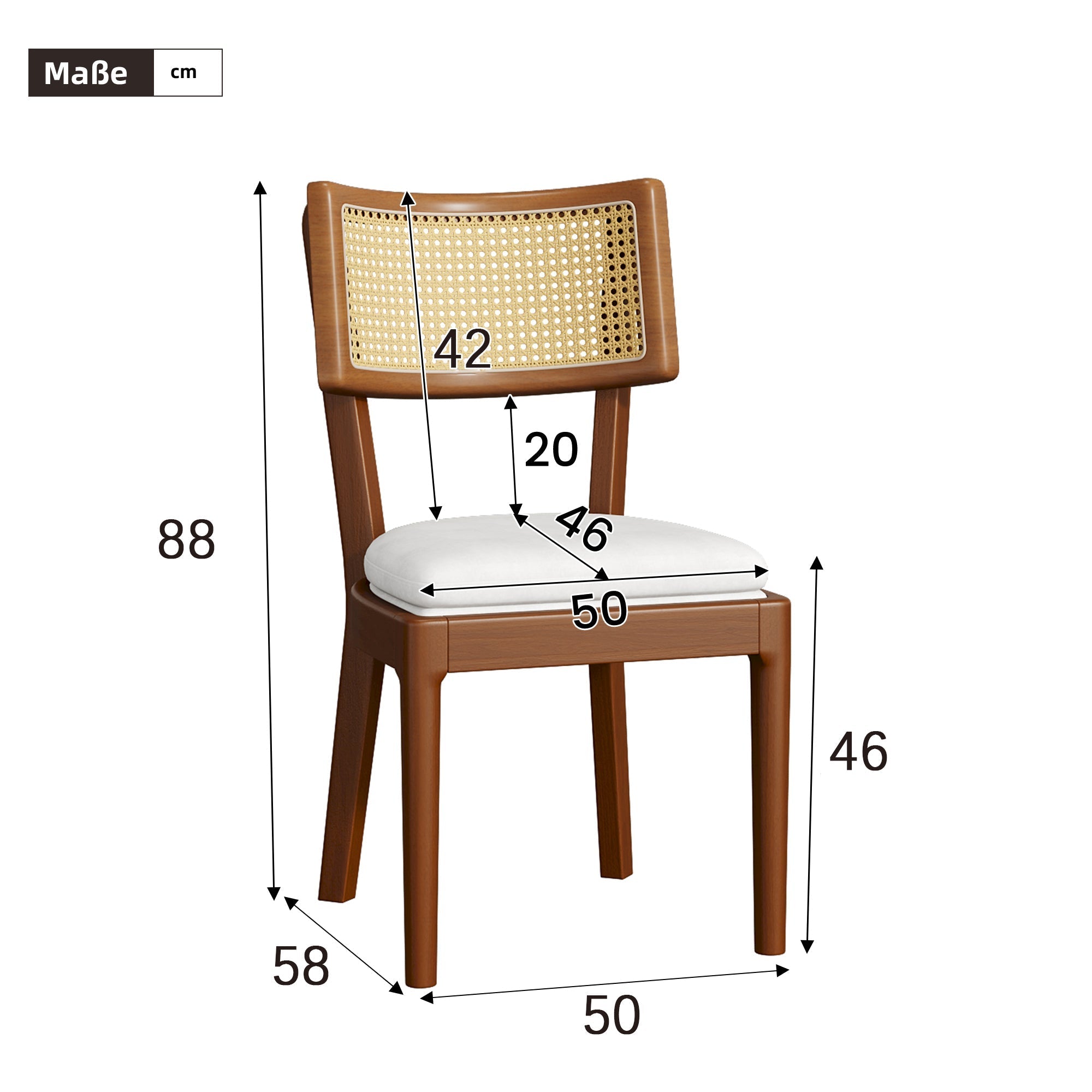 4 Solid Wood Dining Chairs Rattan Backrests Linen - Walnut