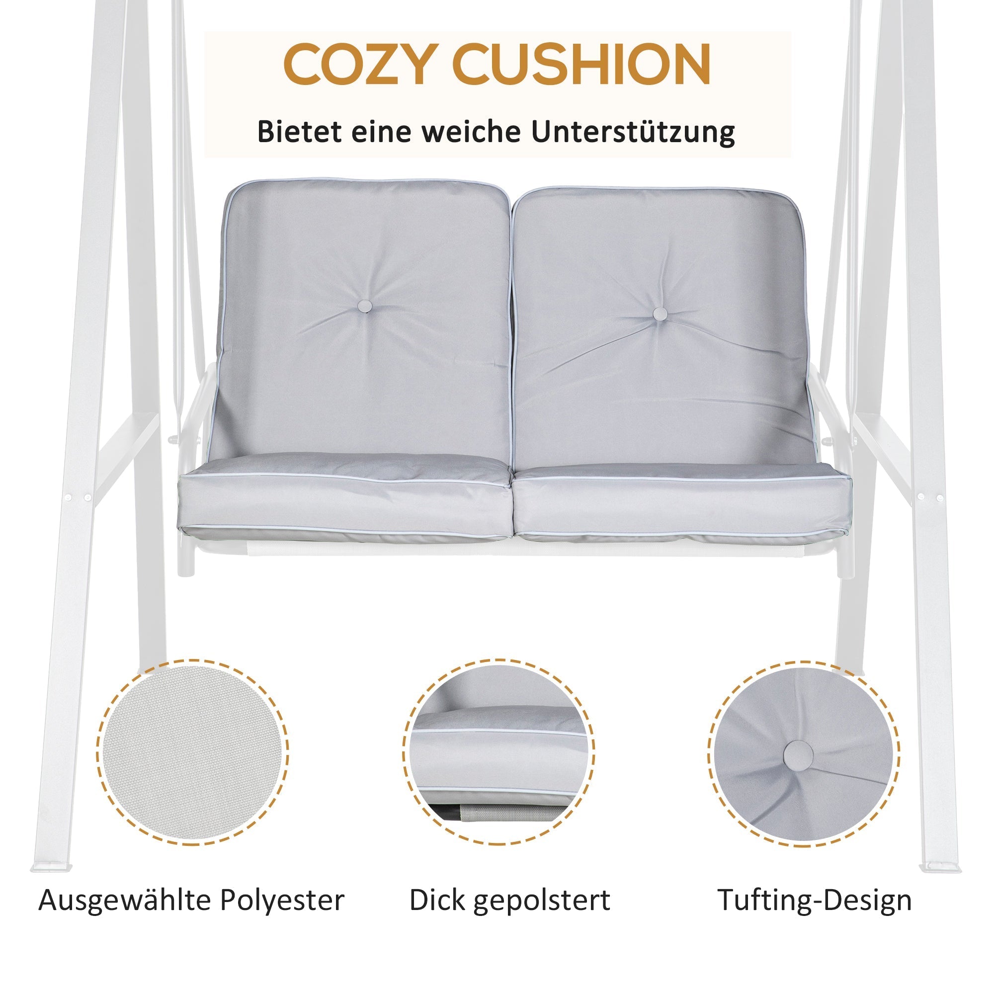 Hollywood Swing 2-Seater with Adjustable Canopy & Cushions, 220kg Capacity, Grey