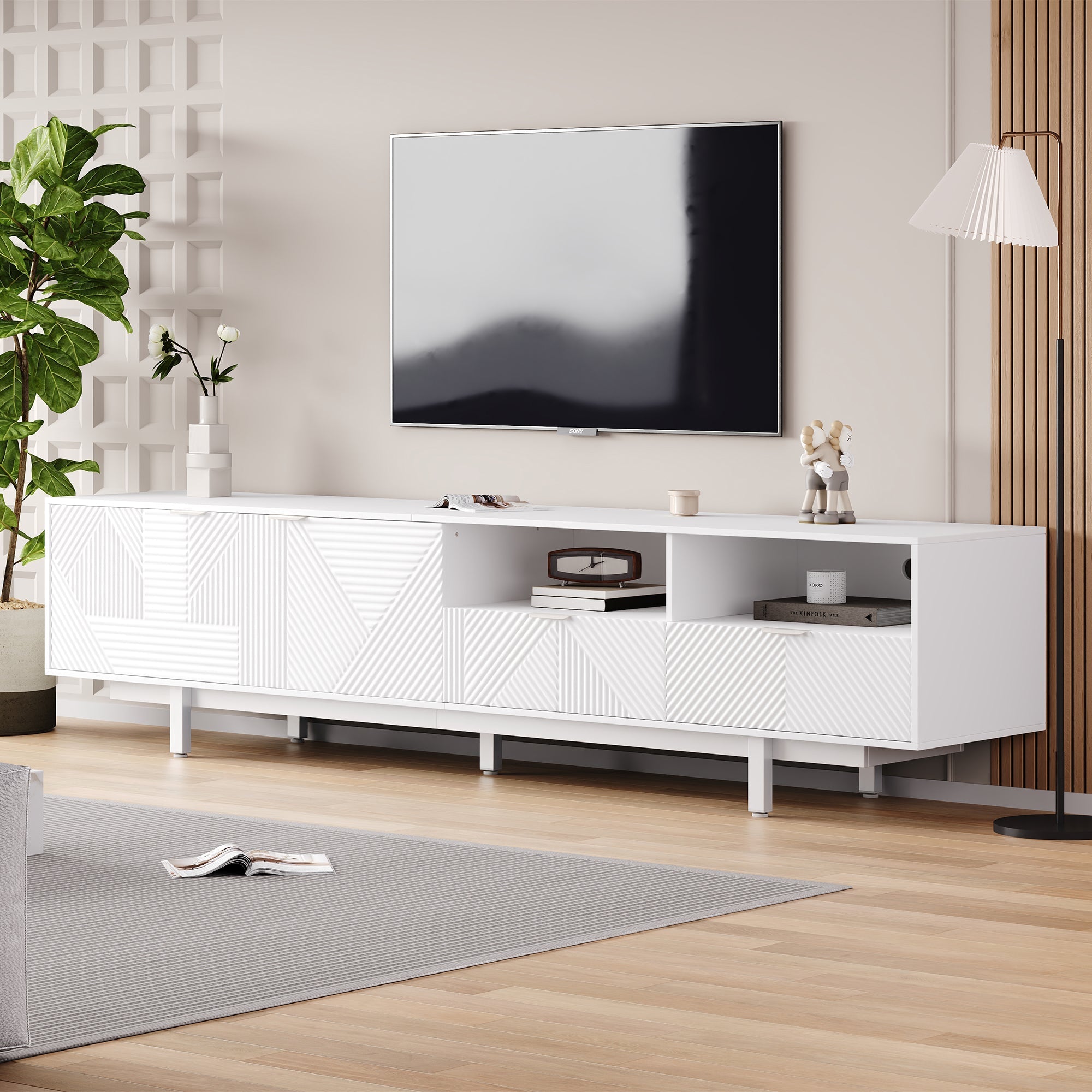 TV Cabinet, Modern Bohemian White Geometric Lines with Storage Space, for 90 inch TVs