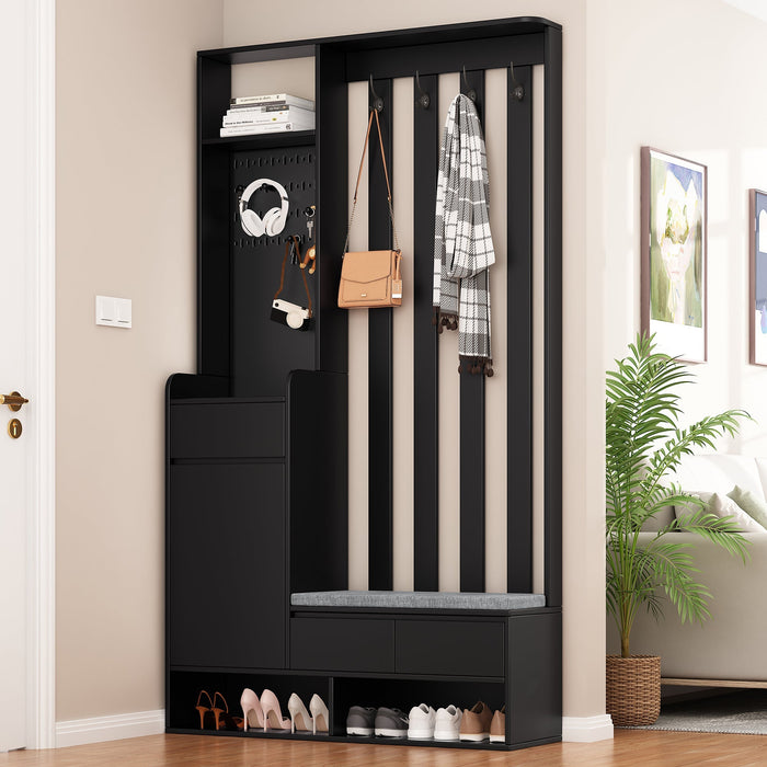 Hallway coat rack with padded storage bench and pegboard, 4 hooks, black