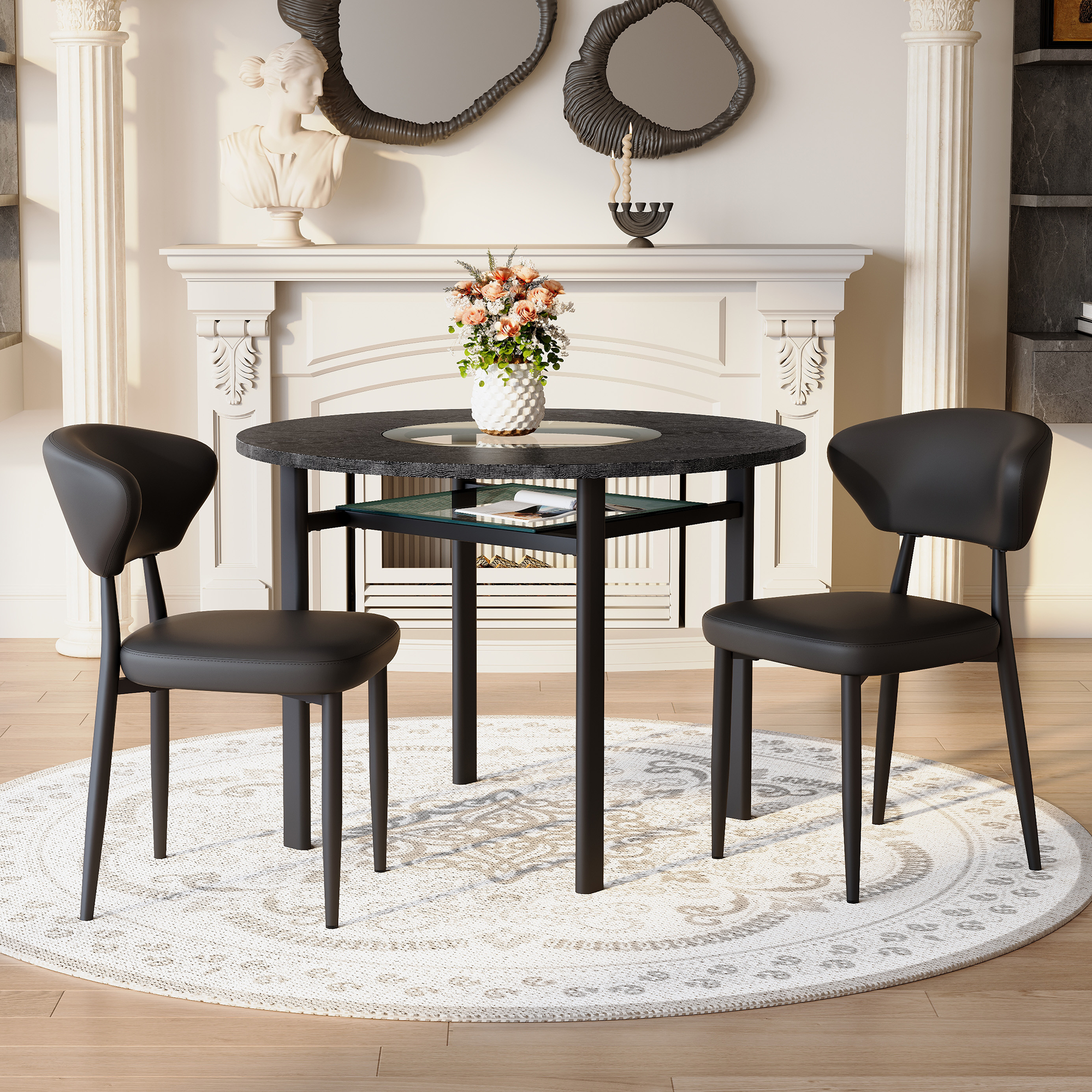 Minimalist Round Table Set 100cm Table 2 PU Armchairs Black Wood Look