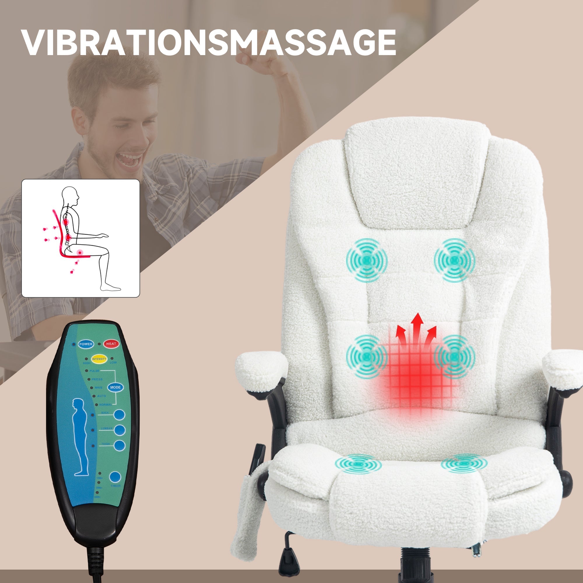 Massage Office Chair, Height Adjustable Rocking Heating Reclining Footrest, Teddy Velvet White