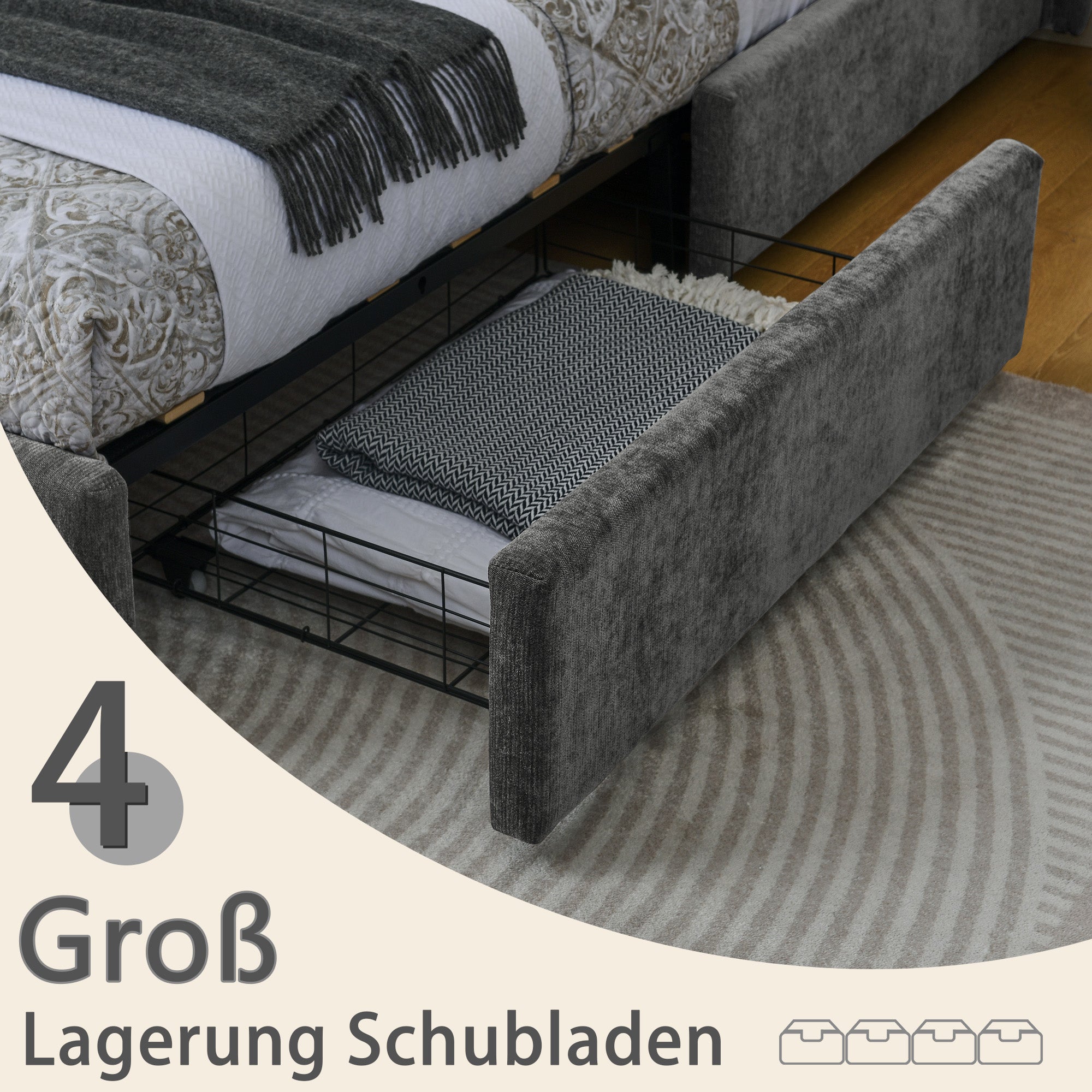Double Bed 160x200cm with 4 Large Storage Drawers, Dark Grey Chenille