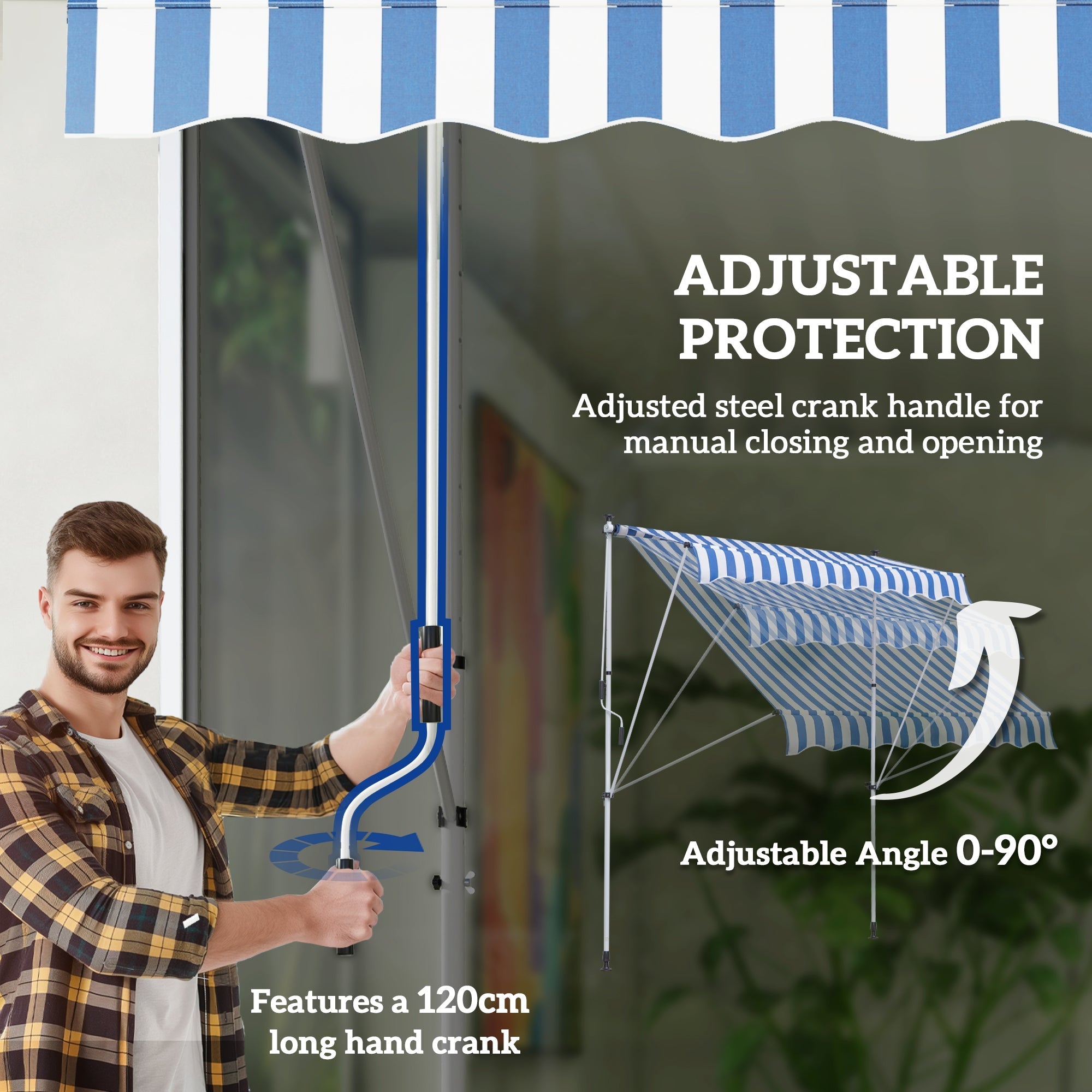Folding Arm Awning Clamp-On Height Adjustable 200x150cm Aluminum Blue/White