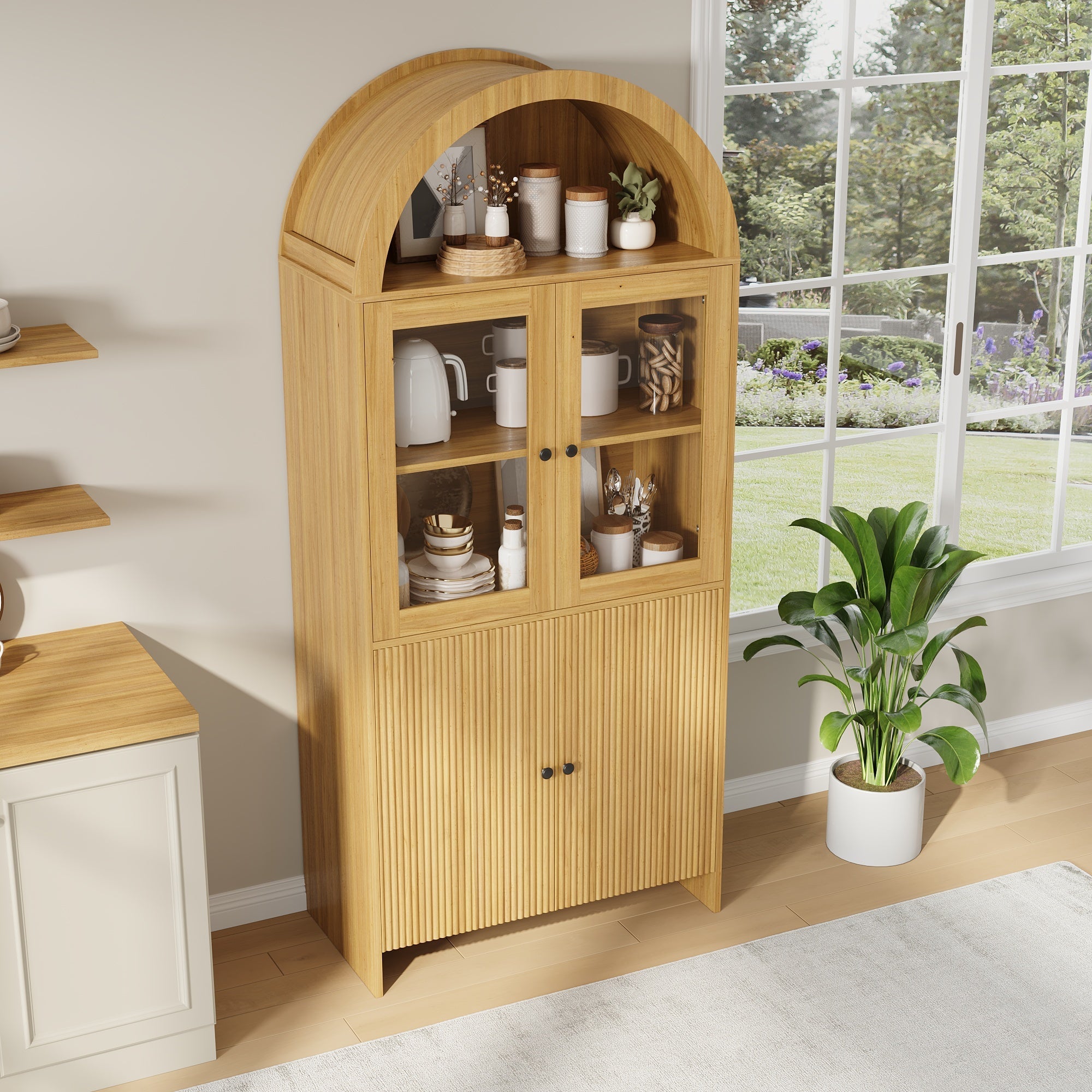 Sideboard with Arched Top, Glass Doors and Wave Pattern Storage Cabinet, Wood