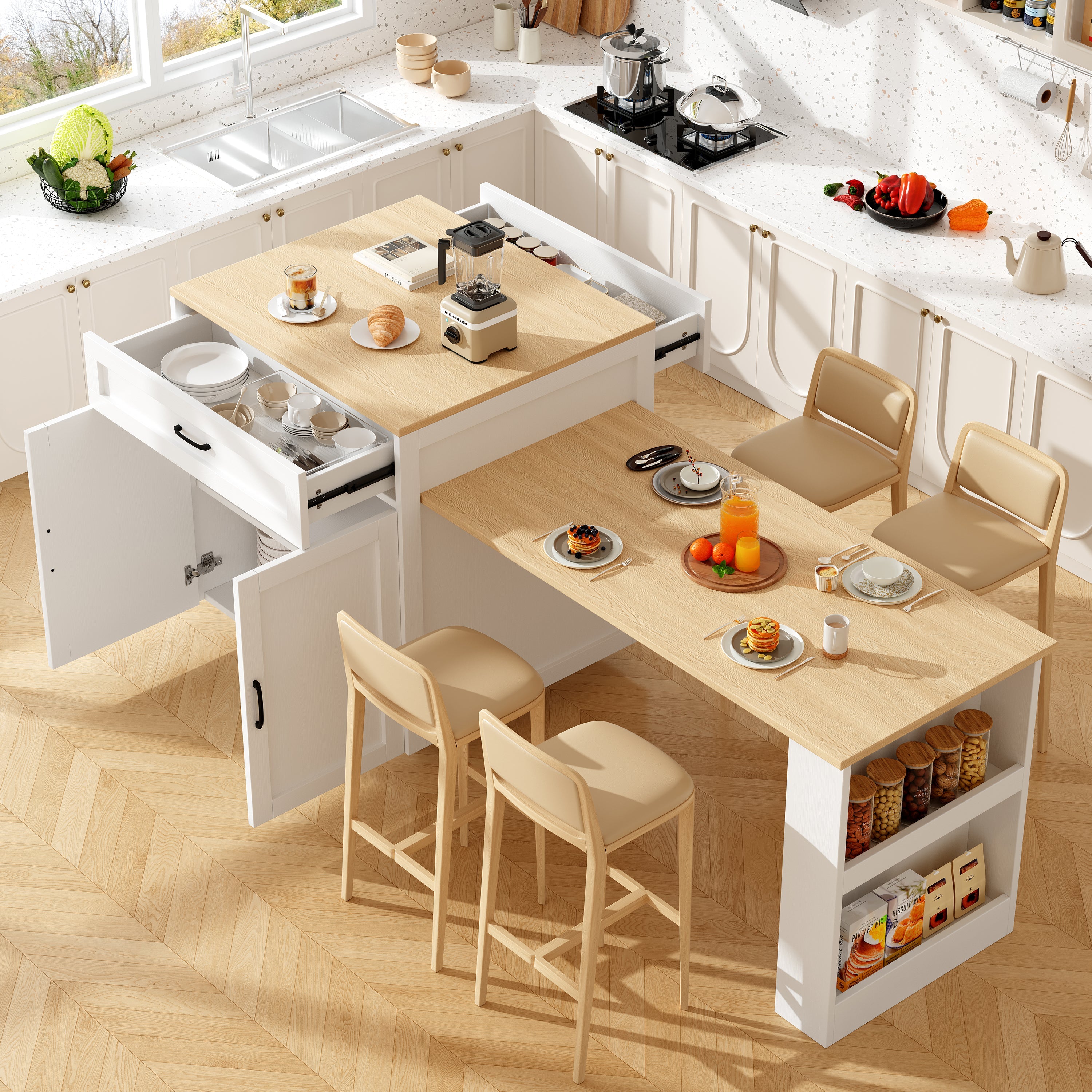 Extendable Bar Table 133-202cm with Storage, 2 Drawers & Side Shelves - White