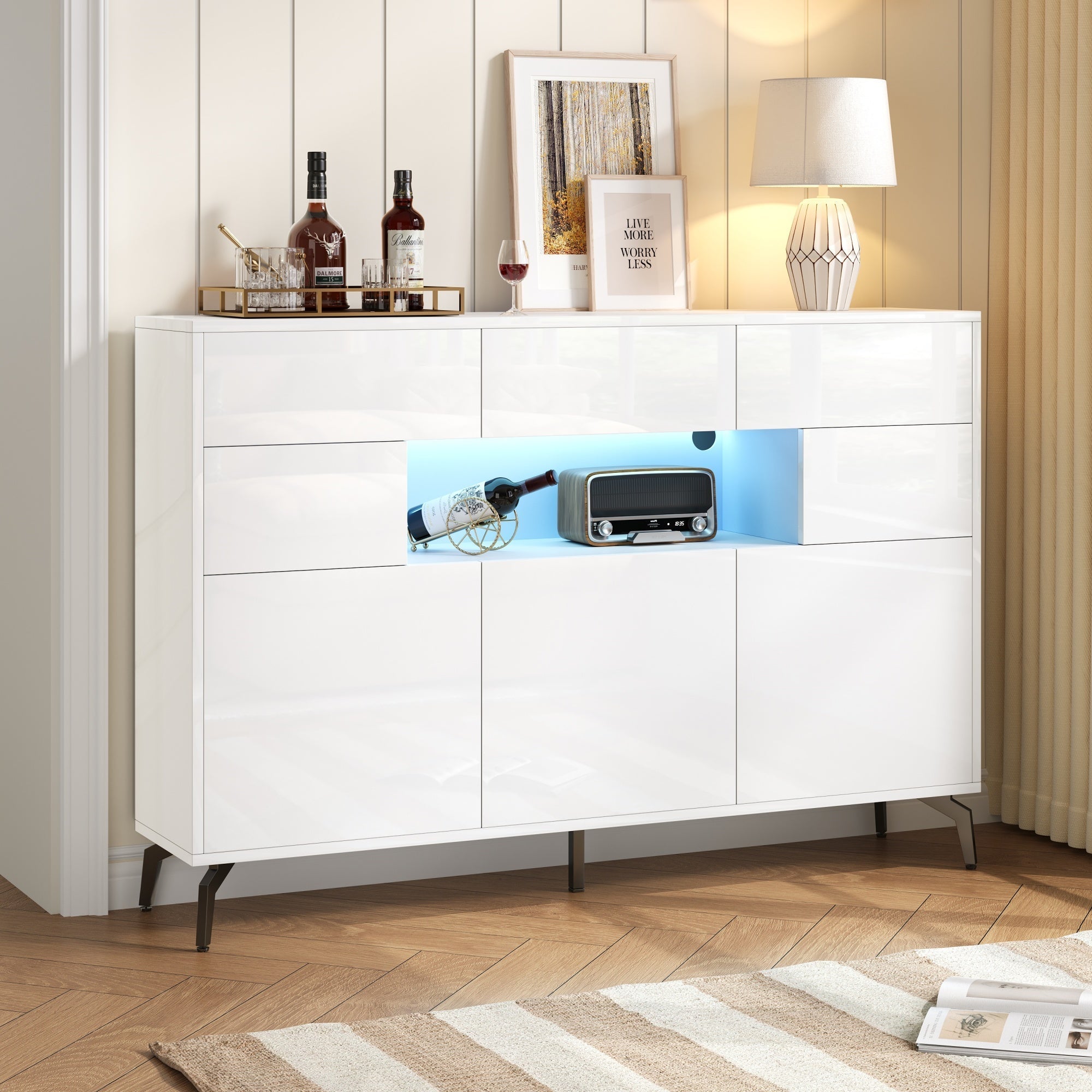 Living Room Sideboard, High-Gloss Storage with LED Light, White MDF