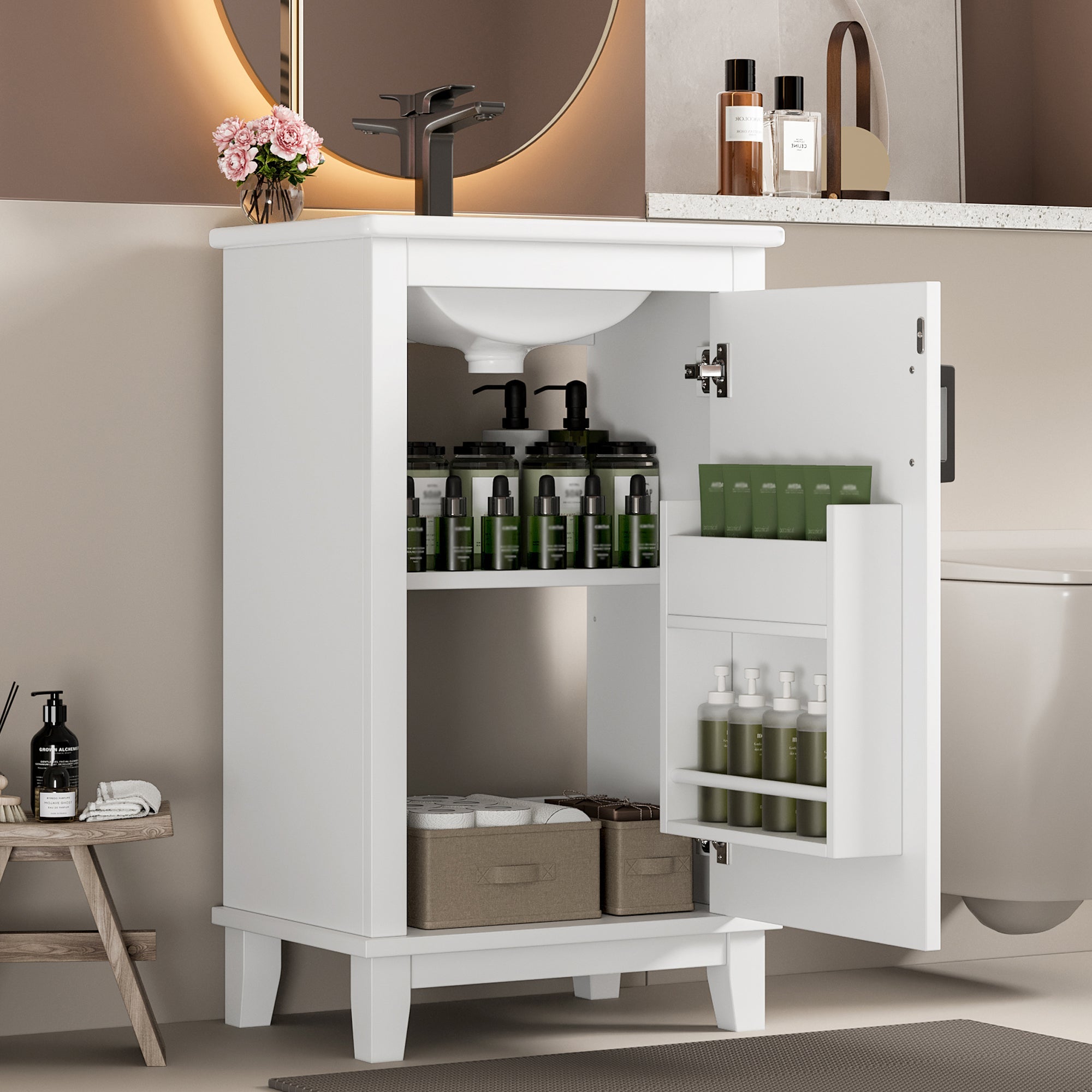Floor-standing Bathroom Vanity Unit with Integrated Ceramic Sink and Adjustable Shelves, White