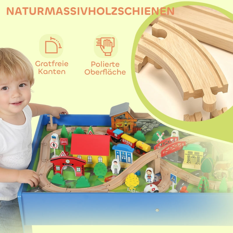 Play Table 108-Piece Wooden Train Set Removable Tabletop - Blue
