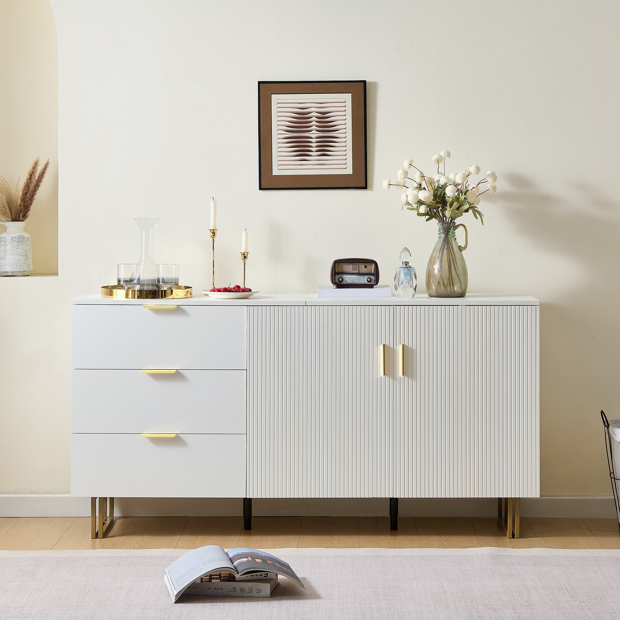 Modern Sideboard with 2 Doors and 3 Drawers, 160cm Storage Cabinet with Gold Steel Legs, White MDF