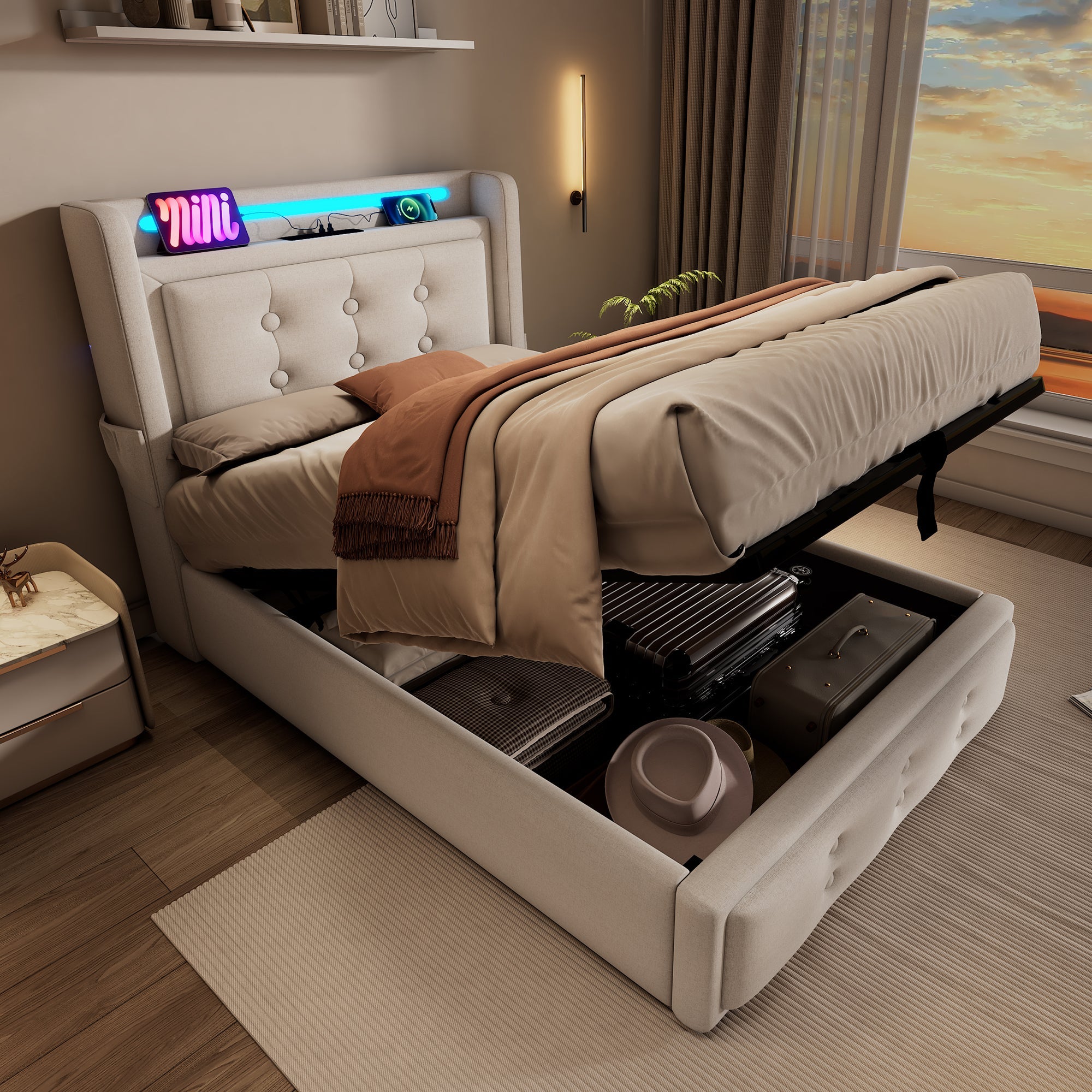 Upholstered Bed 90x200 Single LED Headboard USB-C Hydraulic Storage, Beige Cotton