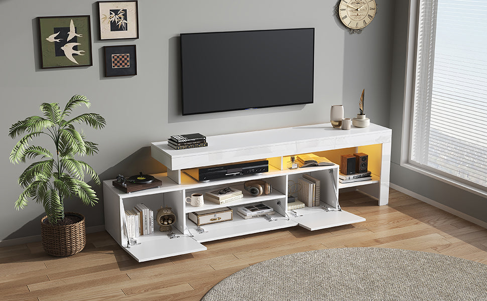 TV Cabinet, 192x37x53cm with 3 Cabinets, LED High-Gloss, White