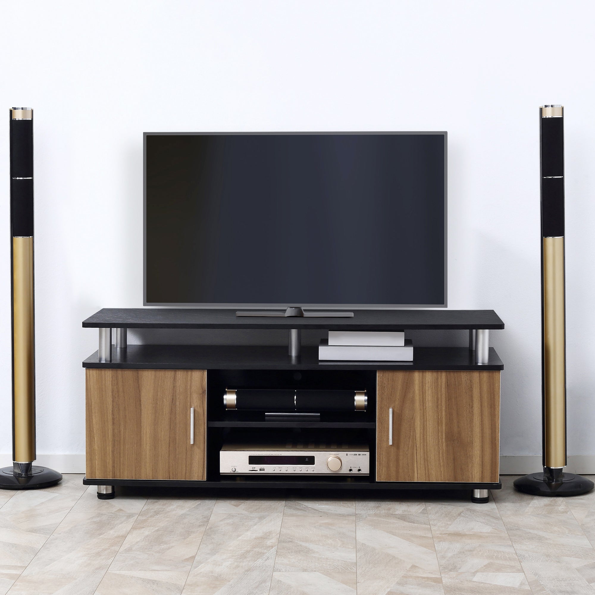 TV Cabinet Unit, Storage Shelf and Cupboards for 50'' TVs, Black and Walnut