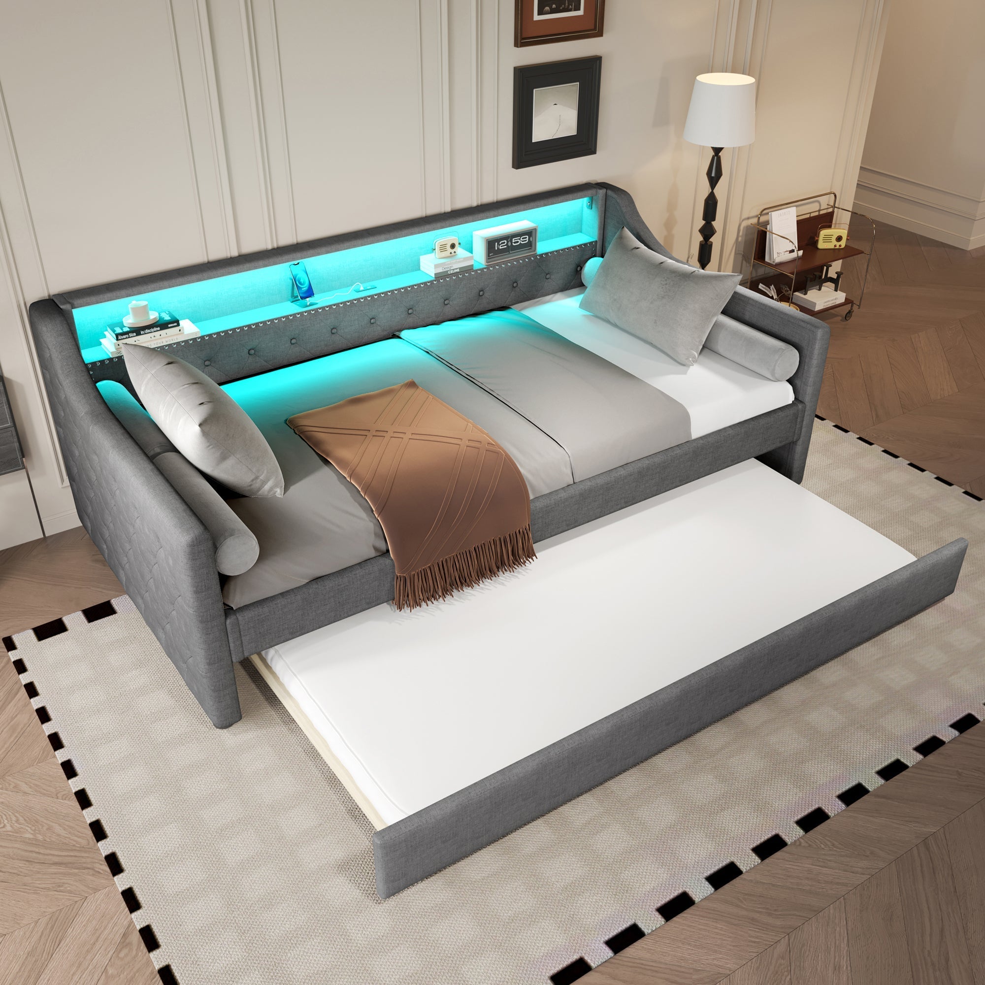 Daybed Sofa Bed 90x200cm Pull-out Bed LED USB - Linen Grey