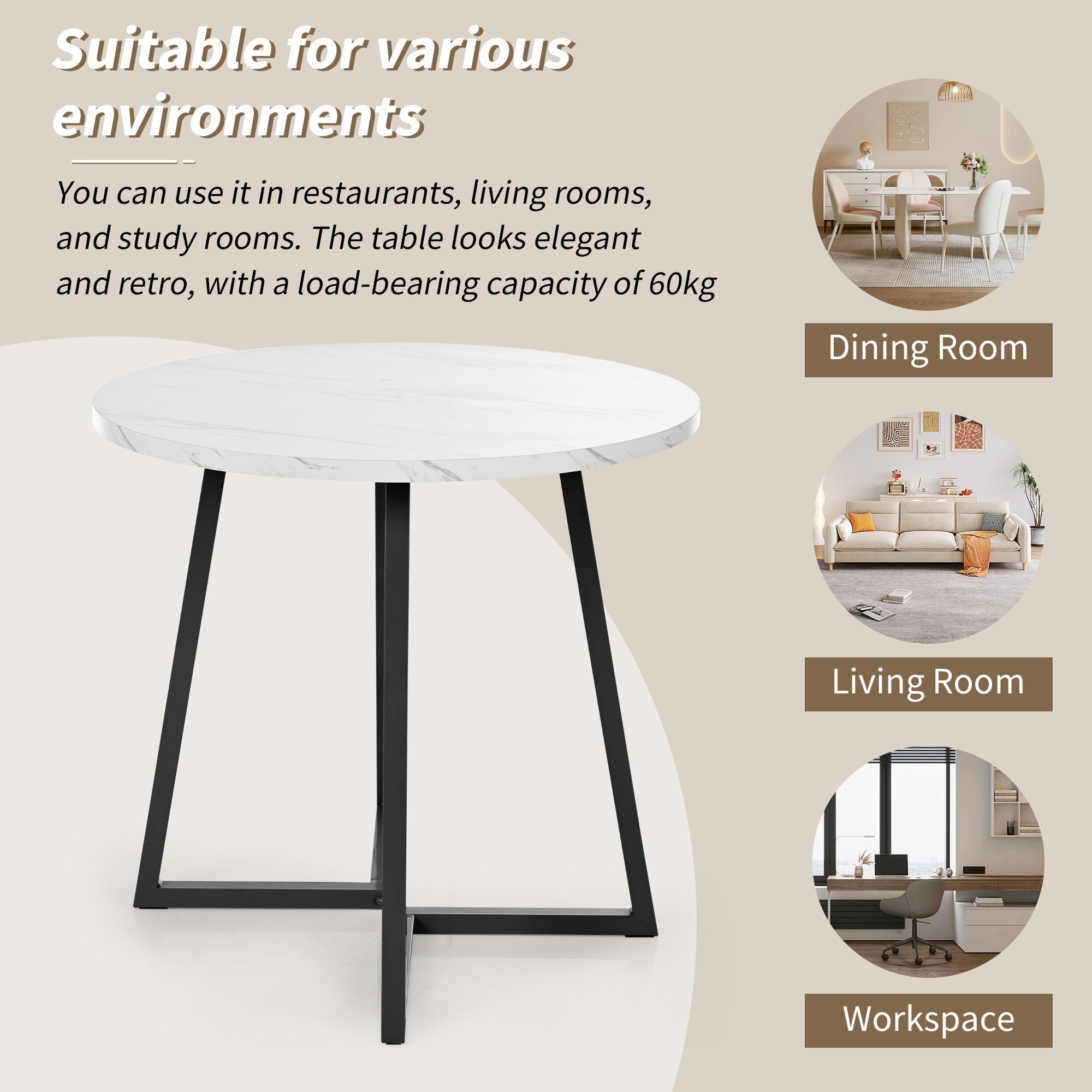 Round Dining Table, Modern Marble Pattern, Unique Metal Frame, White/Black