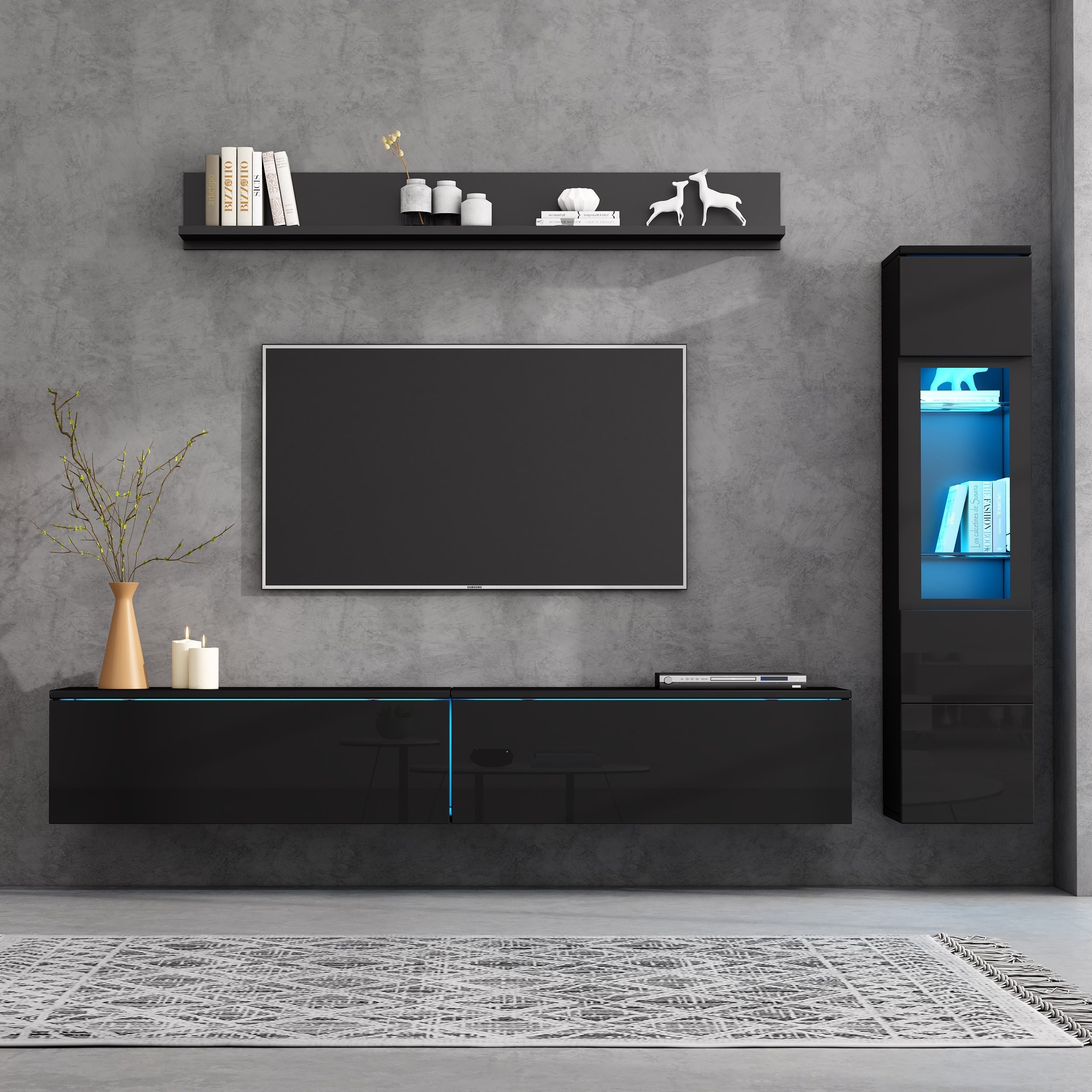 3-Piece TV Wall Unit Set High-Gloss LED Display Cabinet & Shelf Black