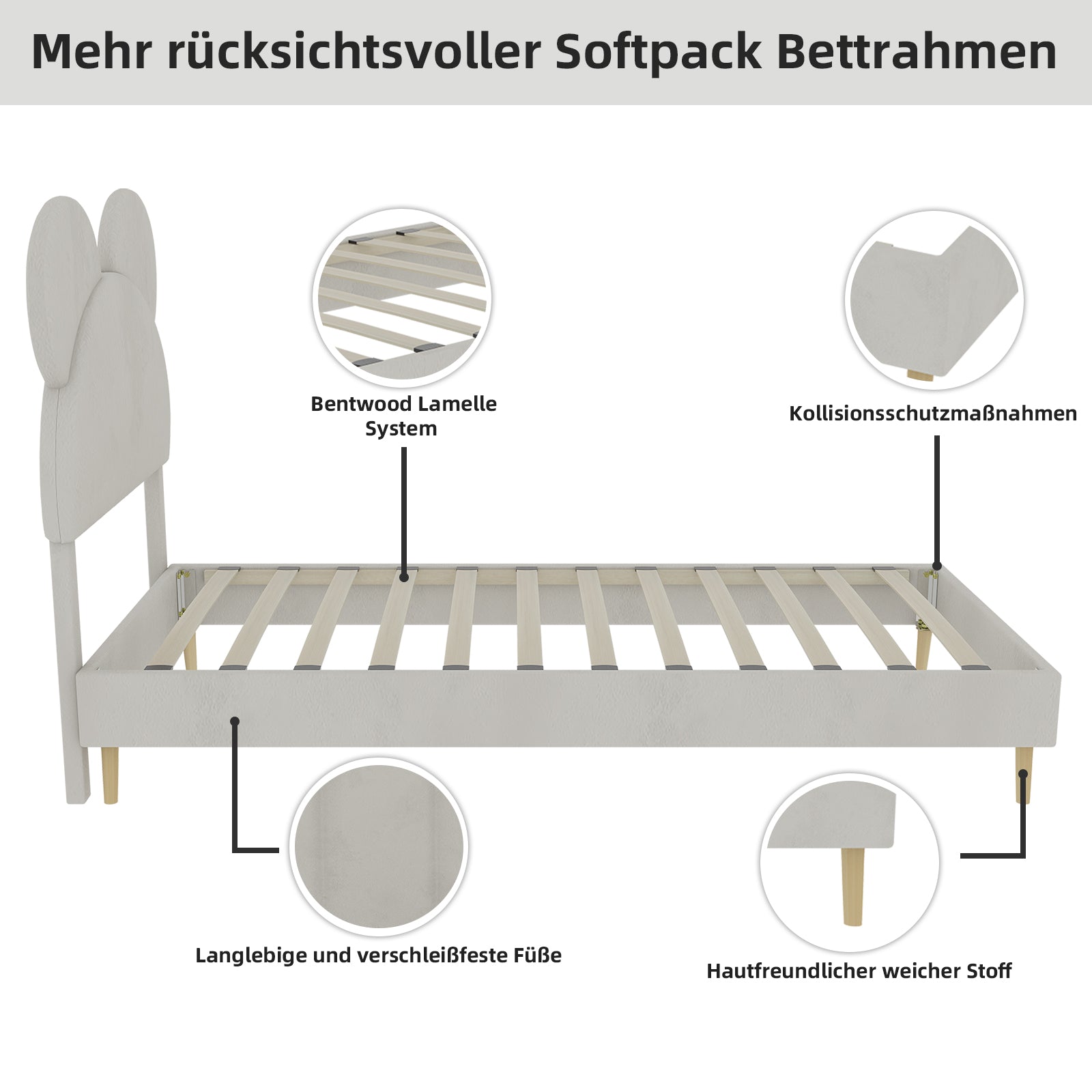 Upholstered Bed, Modern Minimalist Cartoon-Themed Headboard, 140x200 cm, Beige