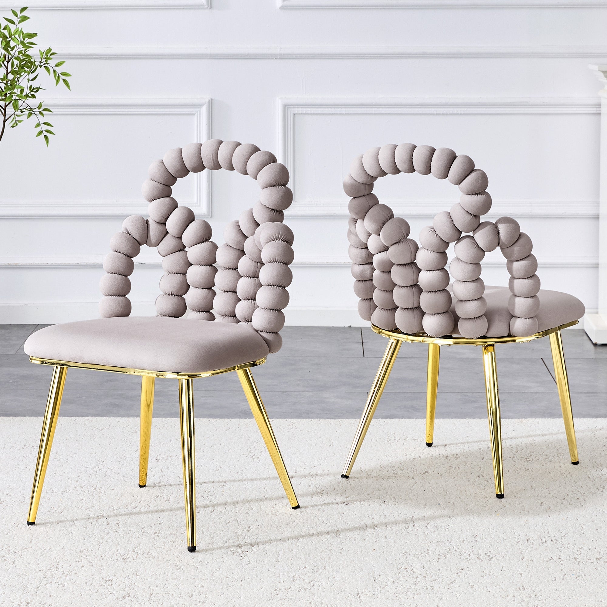 Dining Chairs Set of 2 Velvet Ball Chain Backrests Gold Legs - Light Grey