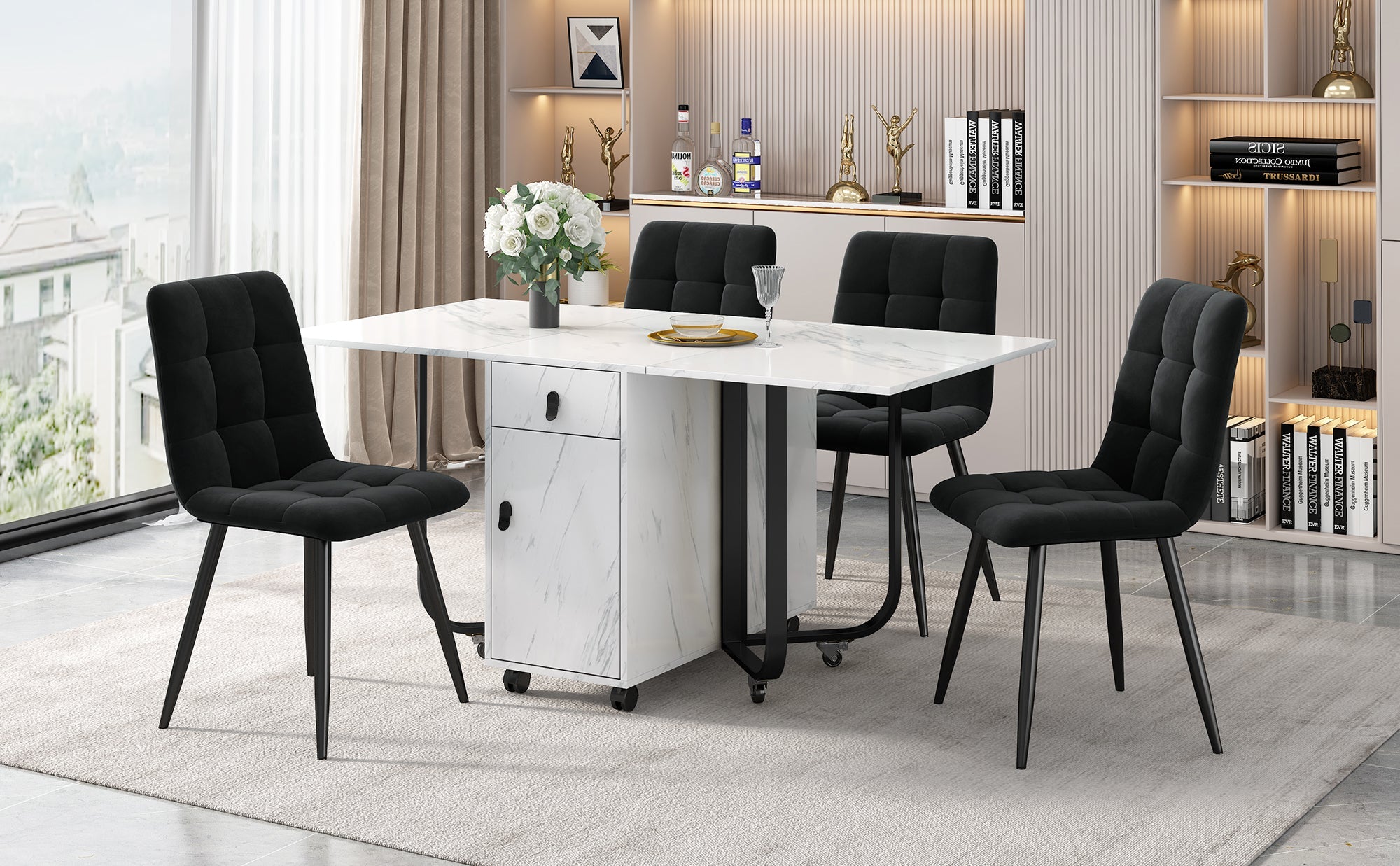 5-Piece Folding Dining Set 150x80cm Velvet Chairs White MDF/Black