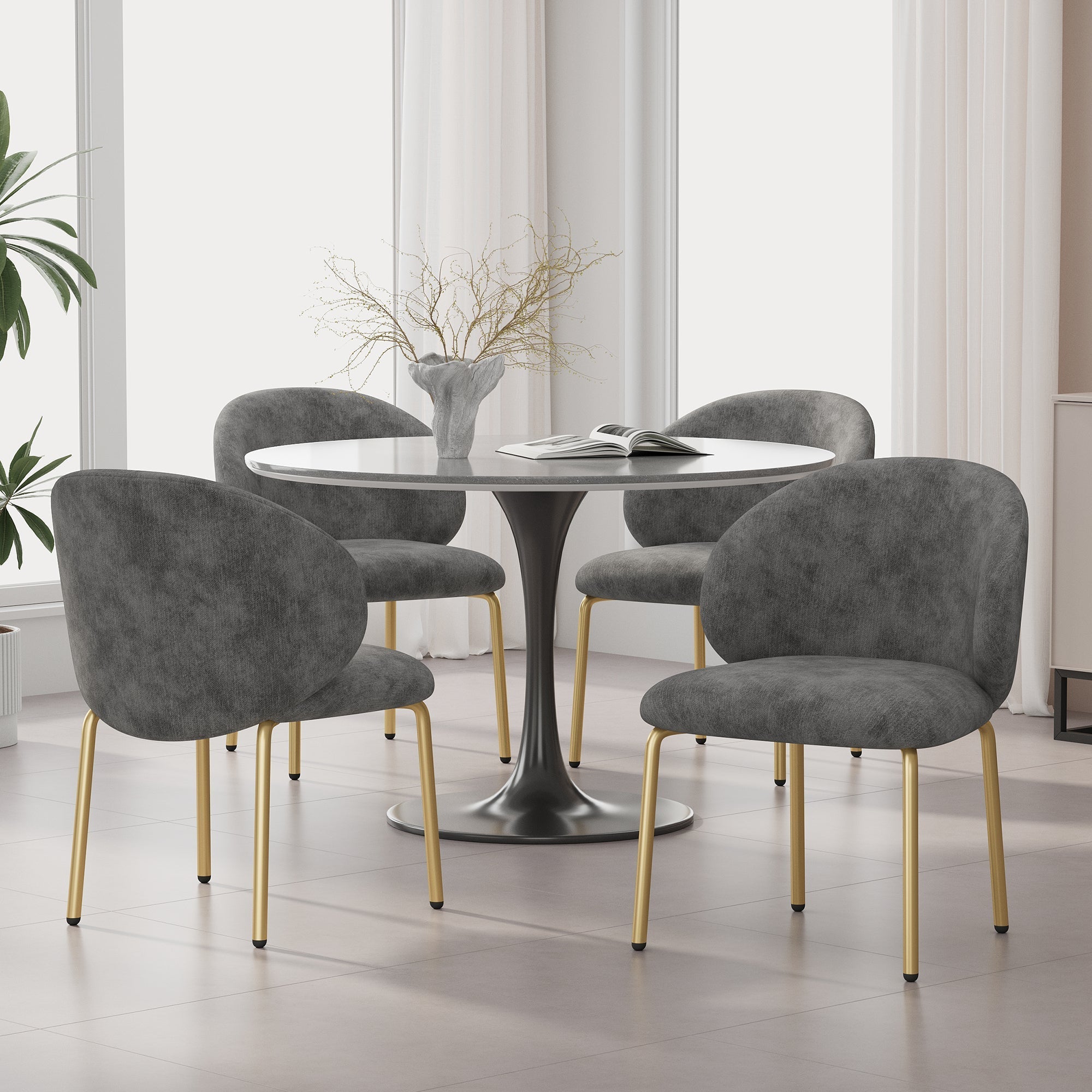 Dining Chairs and Lounge Chairs with Gold Legs, Set of 4, Grey Chenille