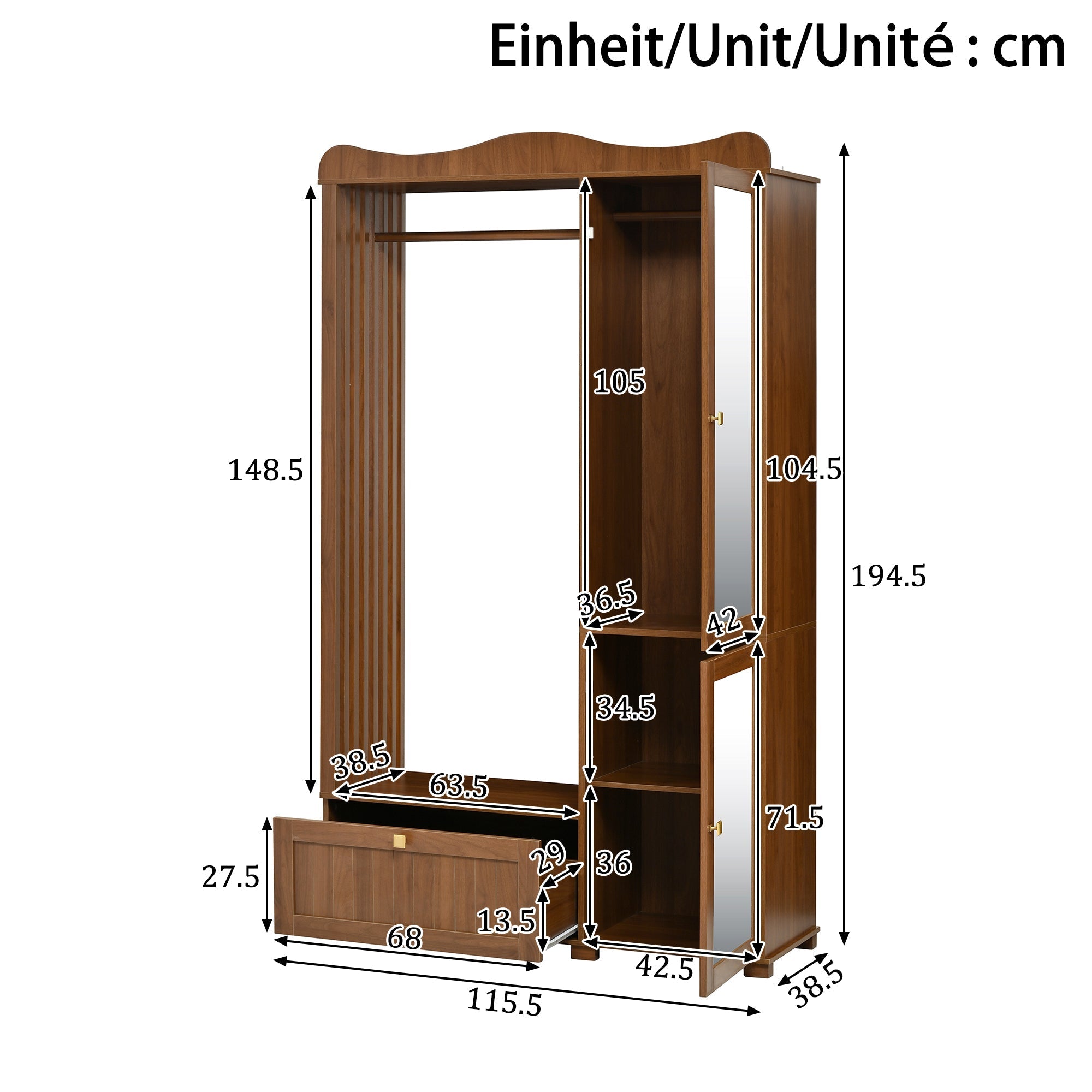 Wardrobe with Mirror and Open Clothes Rack, Drawer and 2 Doors, Natural Wood and Glass