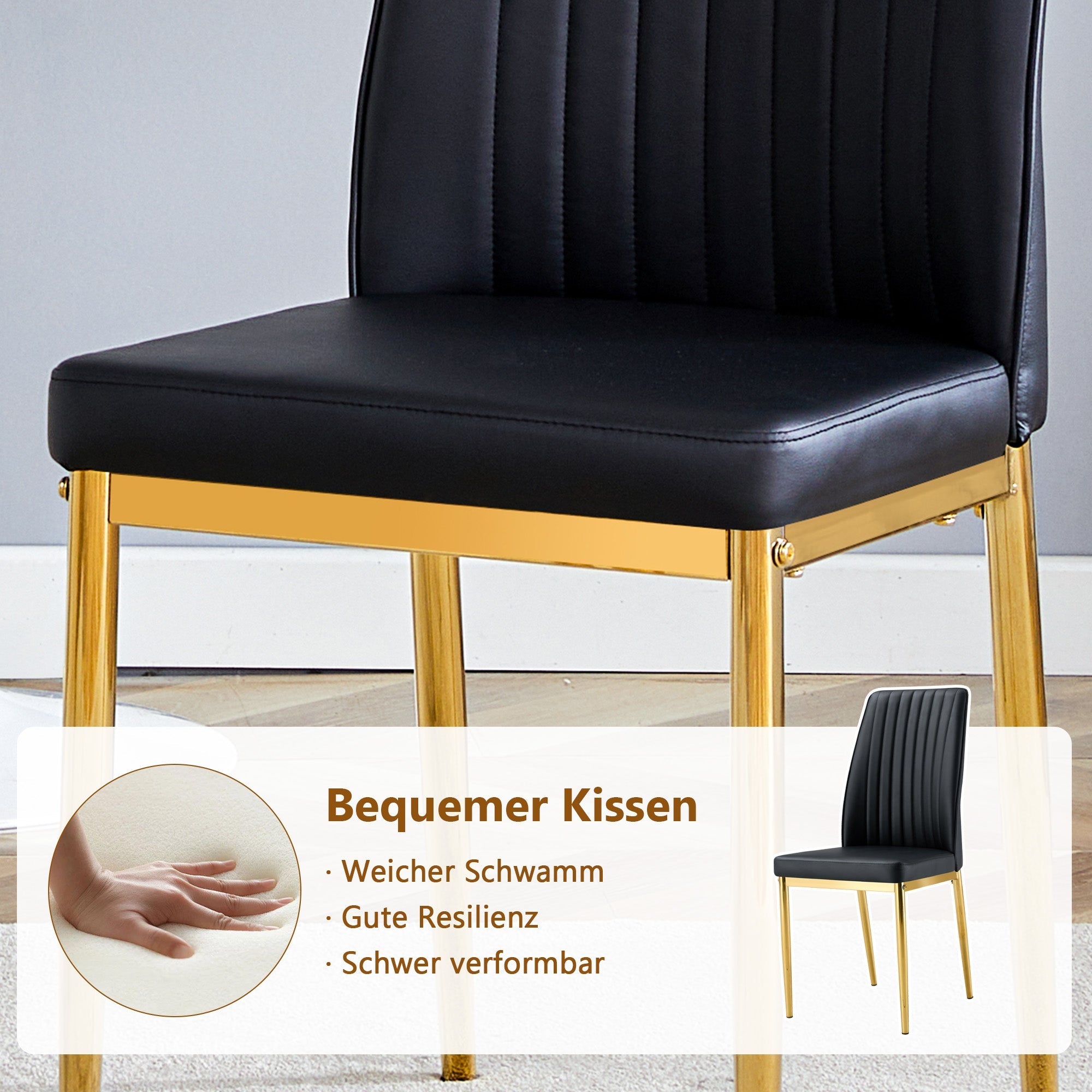 Dining Table Set Modern Minimalist Glass Table Ø85cm with 4 Chairs - Faux Leather Black
