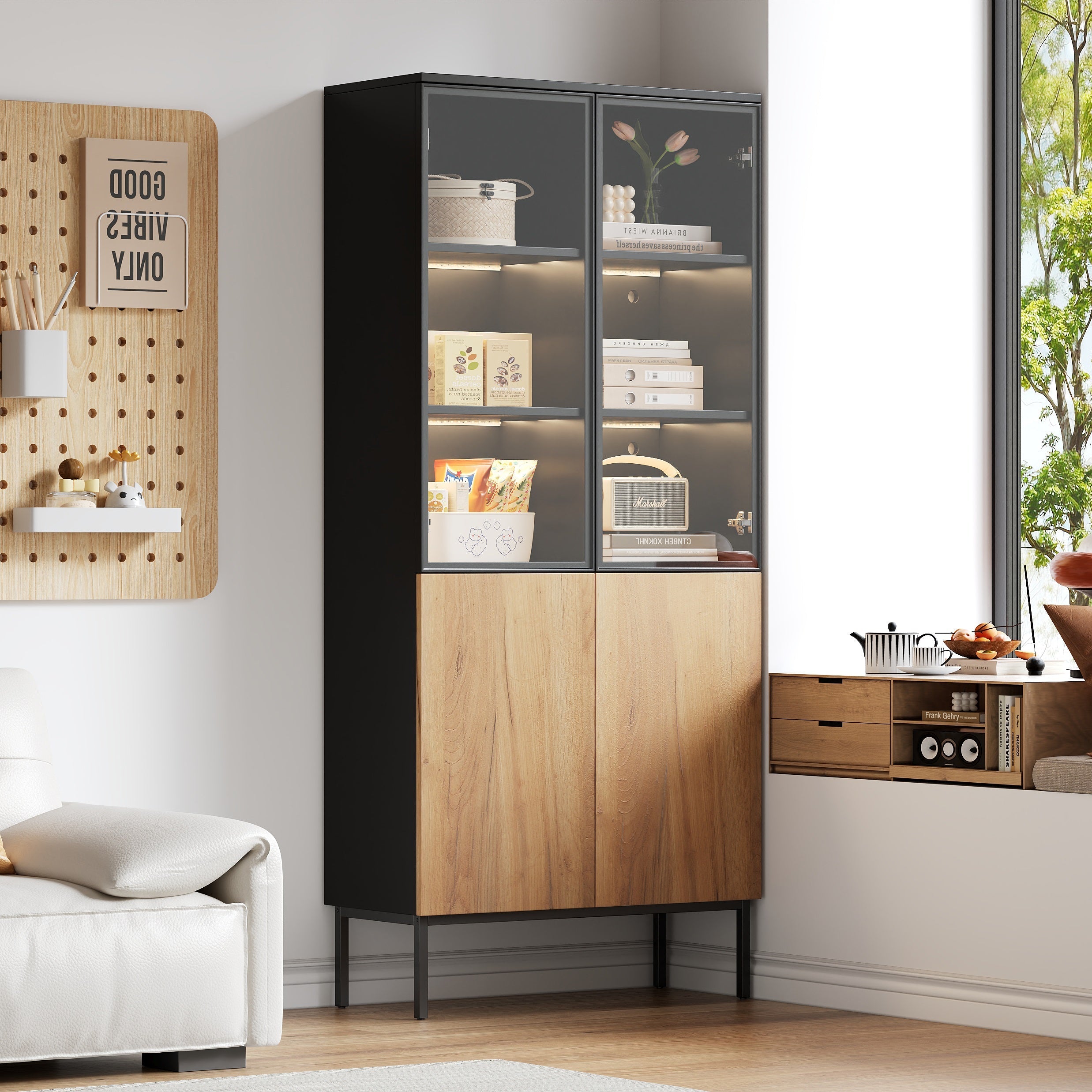 Glass-fronted Display Cabinet 180cm 5-Tier LED Bookcase Black/Oak