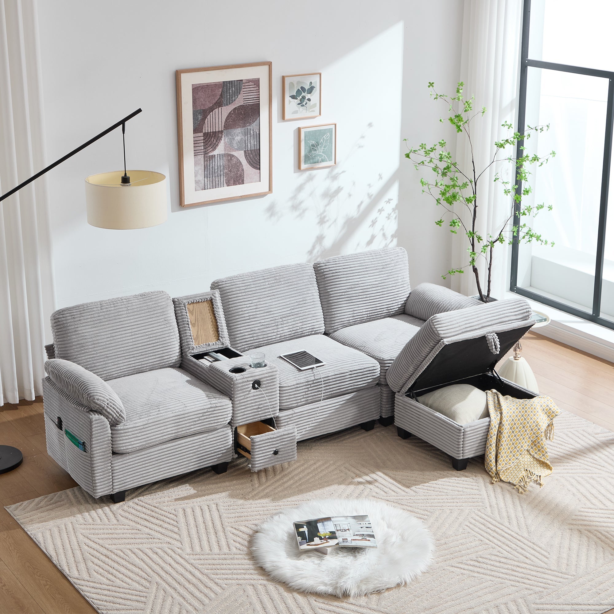 Corduroy Sofa Large Comfort Foam Console USB-C Storage Drawer Ottoman