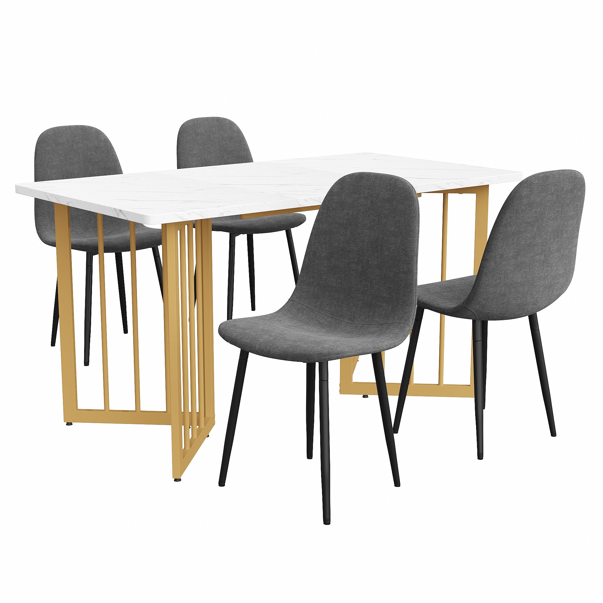 Dining Set (5-Piece), Table with 4 Modern Chairs, Metal Legs, Grey Linen