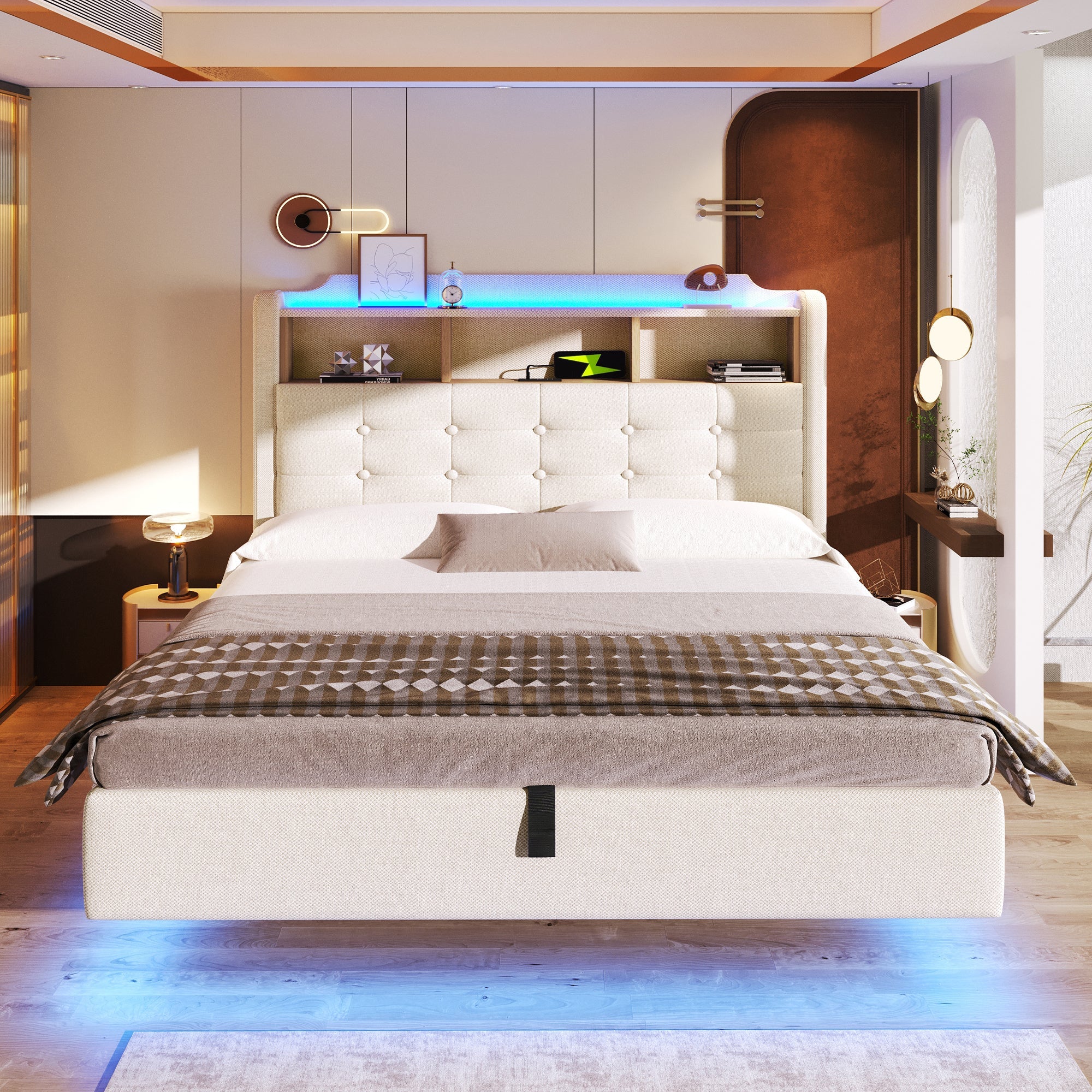 Upholstered Bed 140x200cm LED Light Strip Hydraulic Storage USB/Type-C Ports Linen Beige